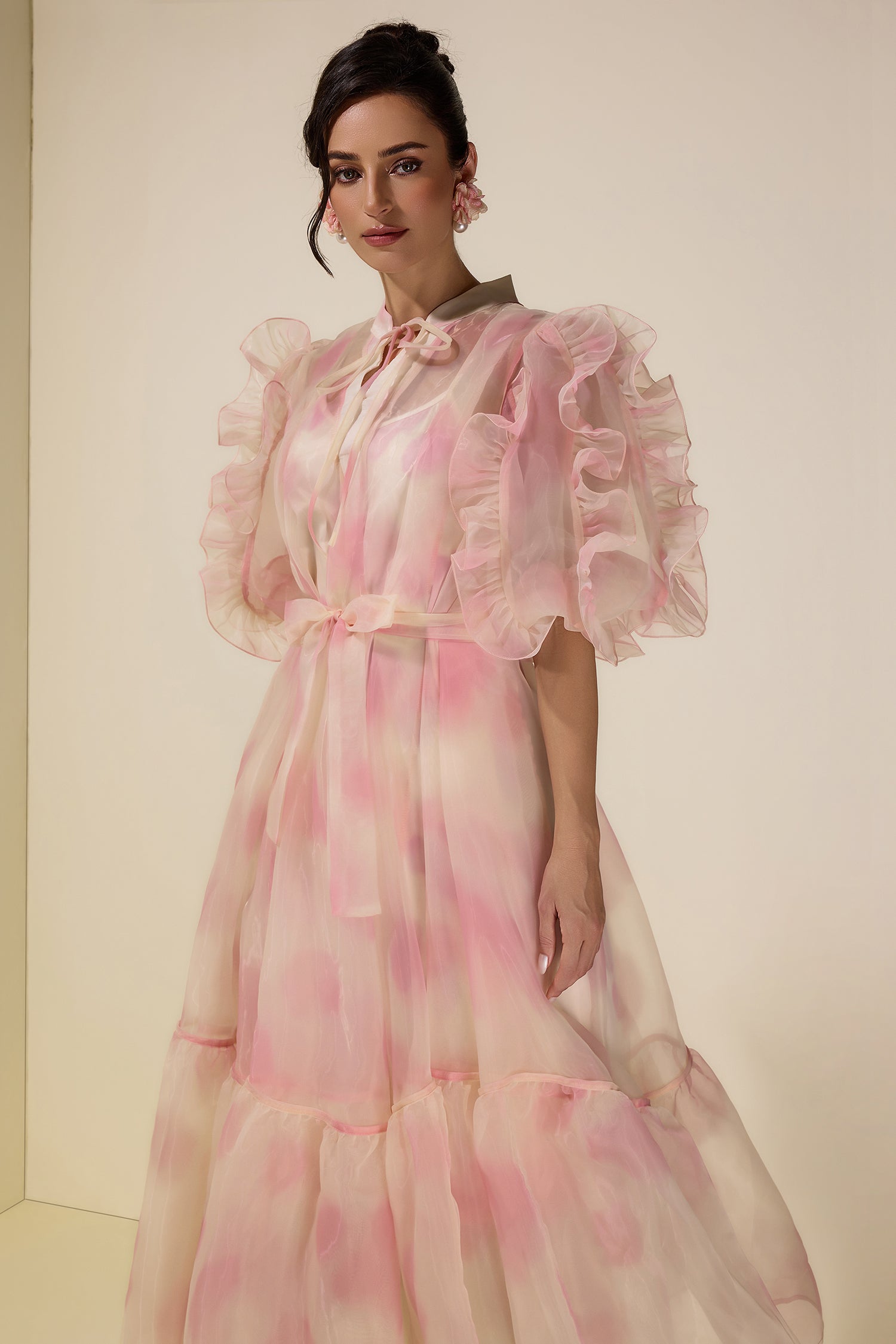 Tie Dye Puff Sleeve Ruffle Midi Dress