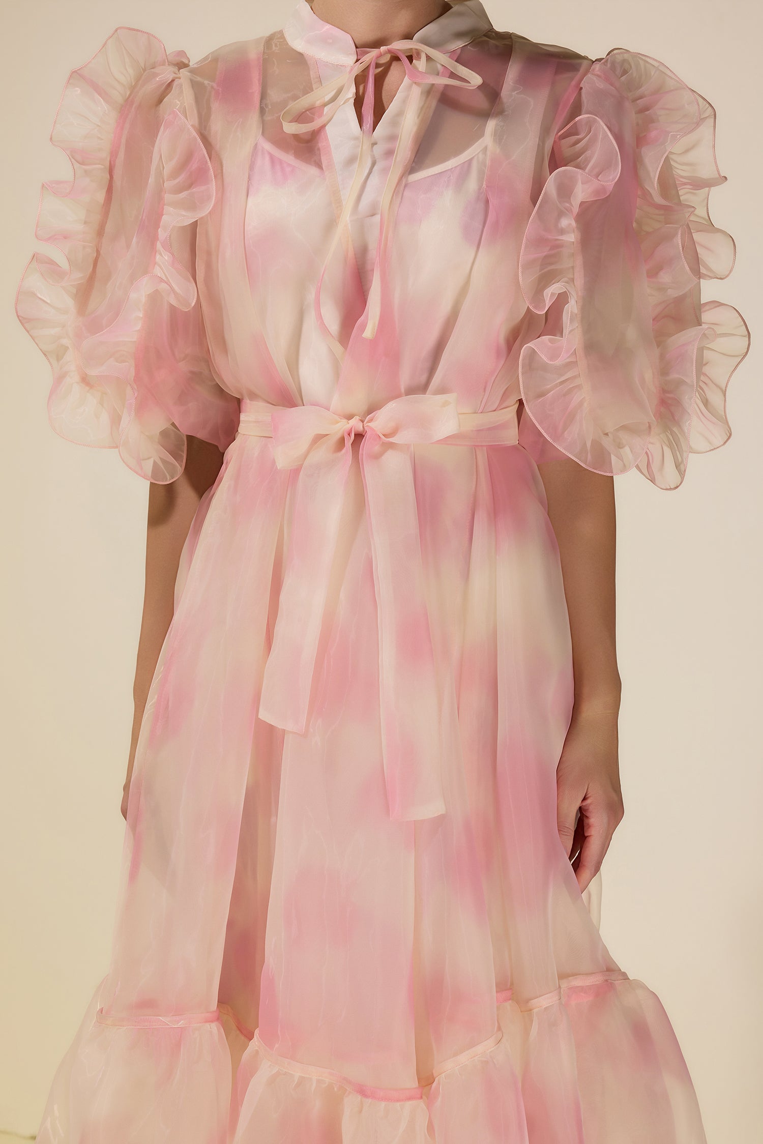 Tie Dye Puff Sleeve Ruffle Midi Dress