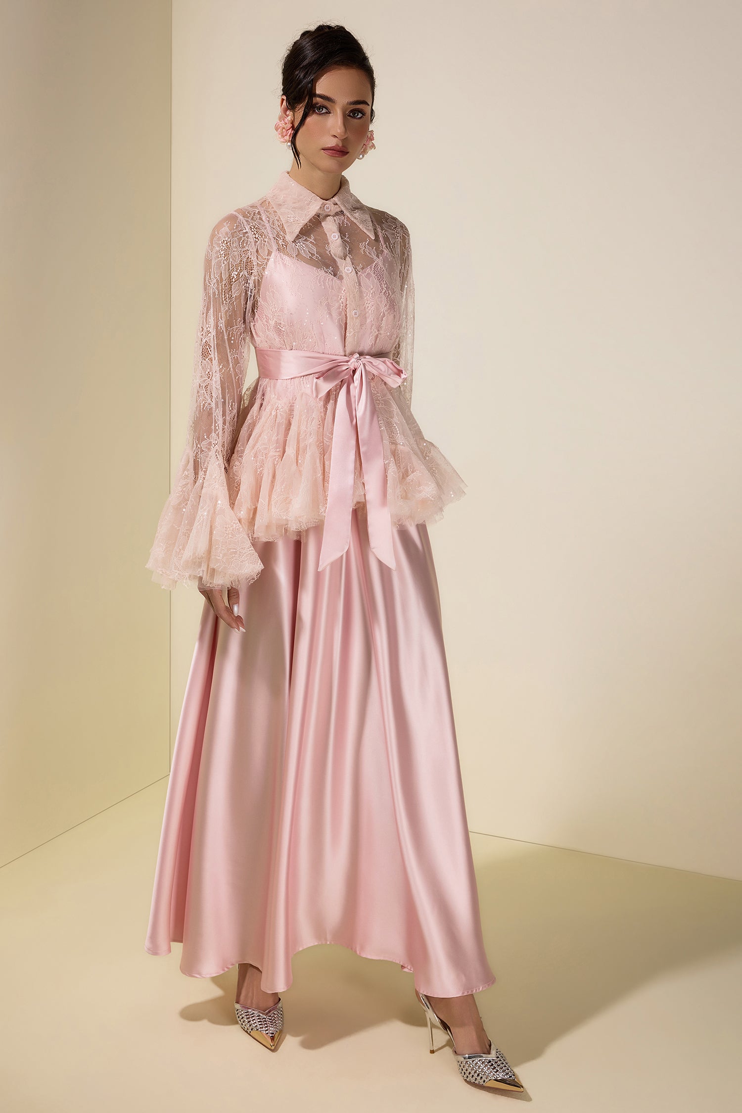 Sequin Lace Blouse  & Satin Slip Maxi Dress Set