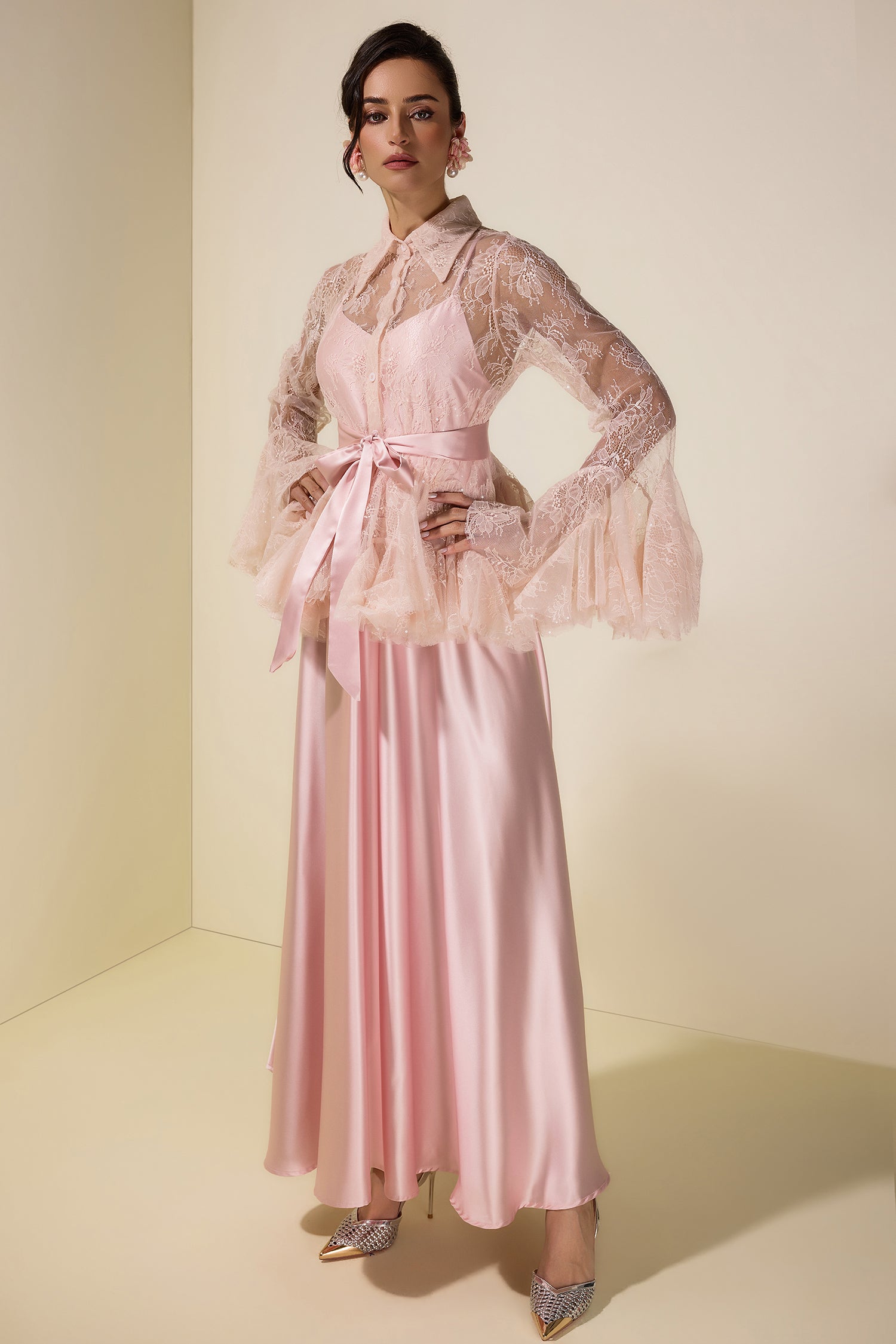 Sequin Lace Blouse  & Satin Slip Maxi Dress Set