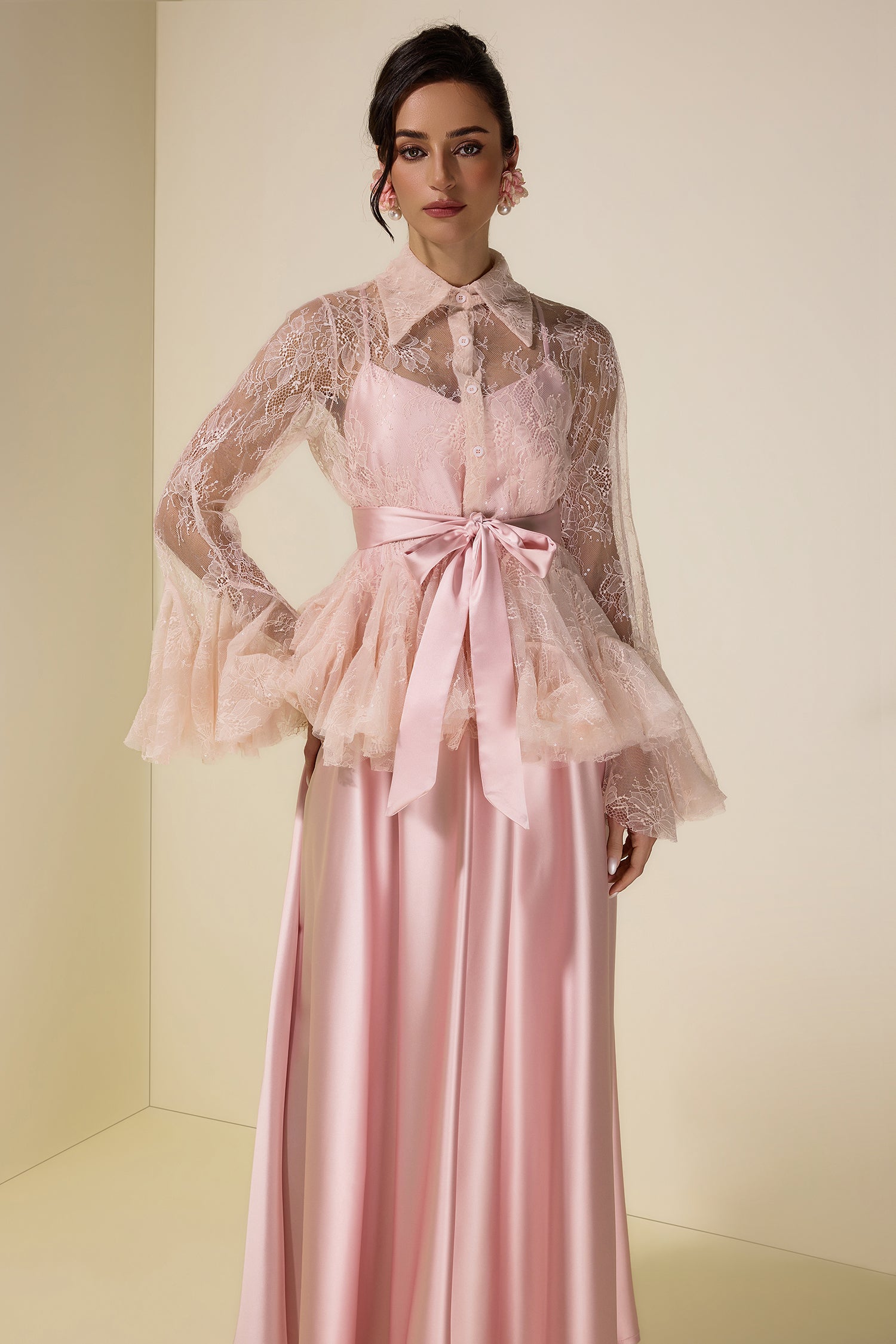 Sequin Lace Blouse  & Satin Slip Maxi Dress Set