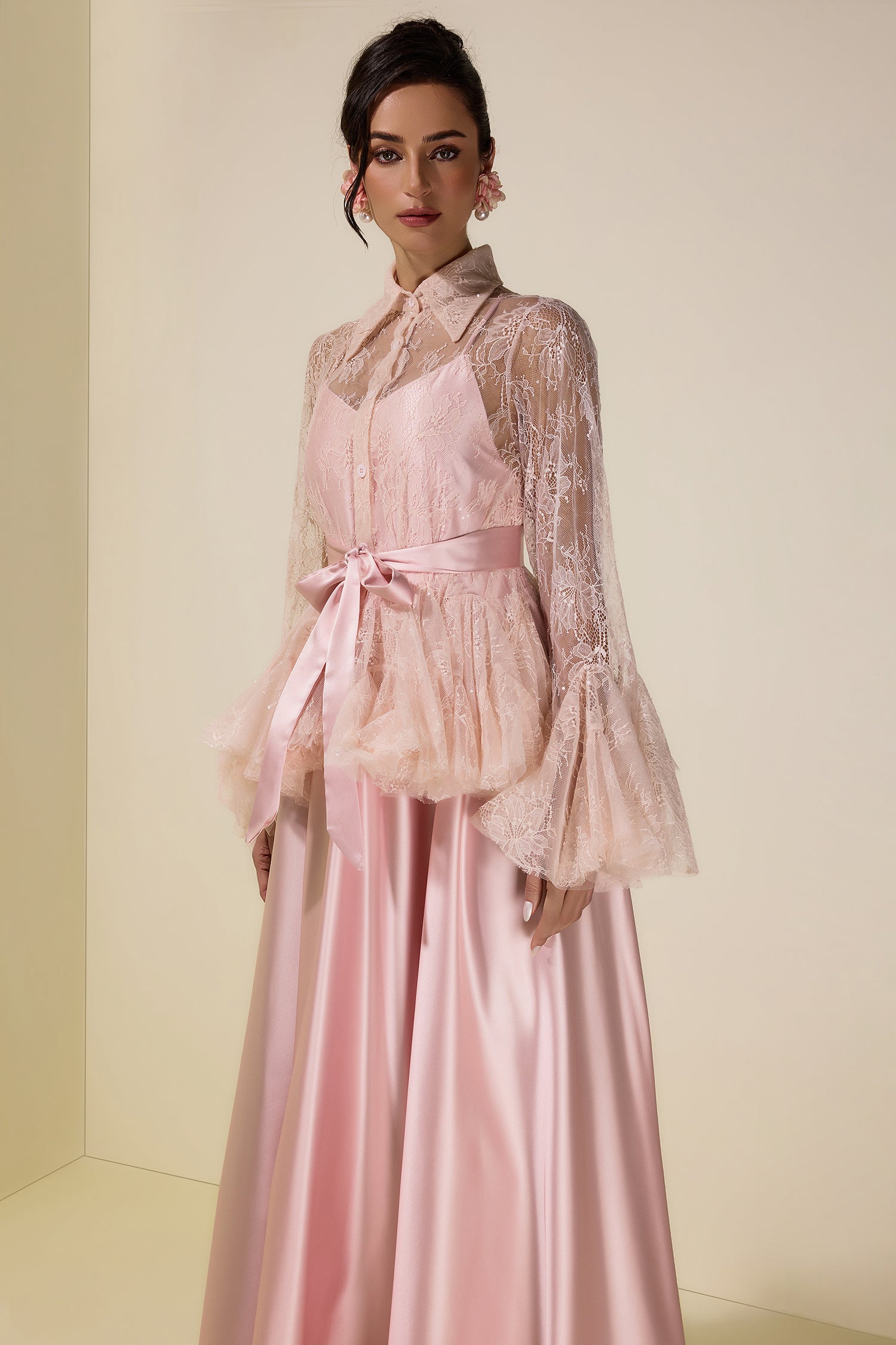 Sequin Lace Blouse  & Satin Slip Maxi Dress Set