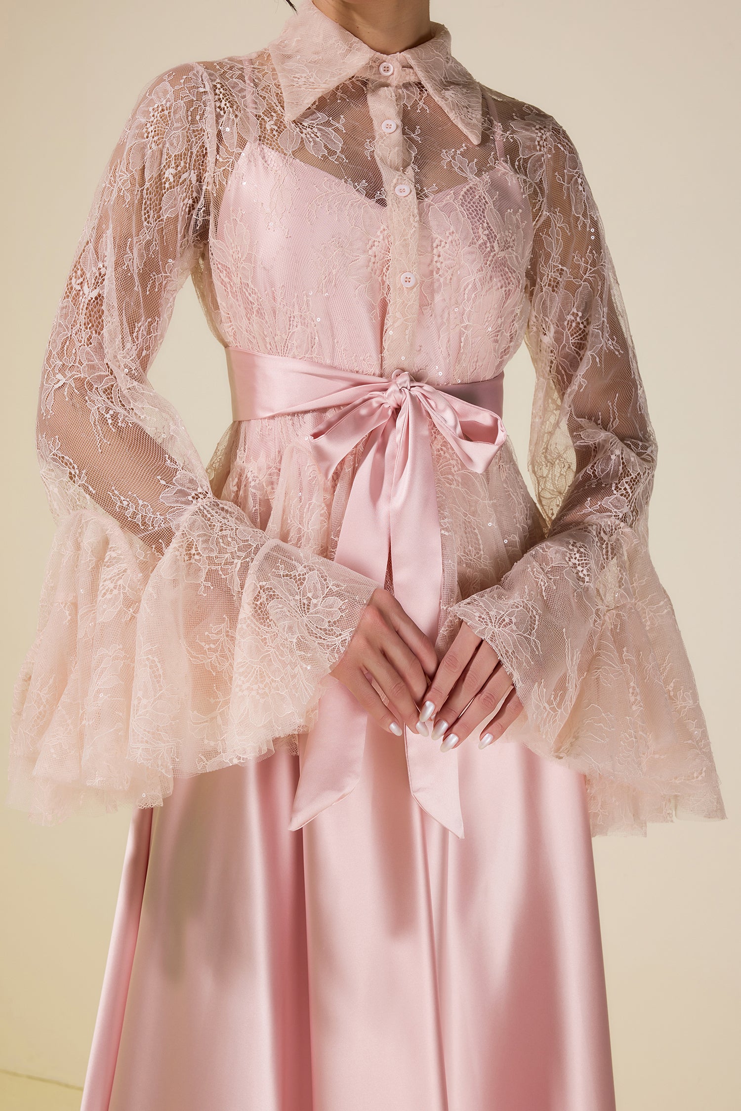 Sequin Lace Blouse  & Satin Slip Maxi Dress Set
