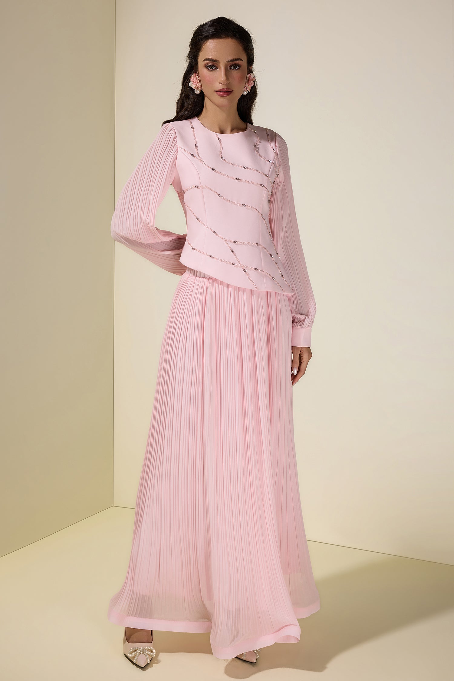 Rhinestone Rivets Pleated Top & Maxi Skirt Set