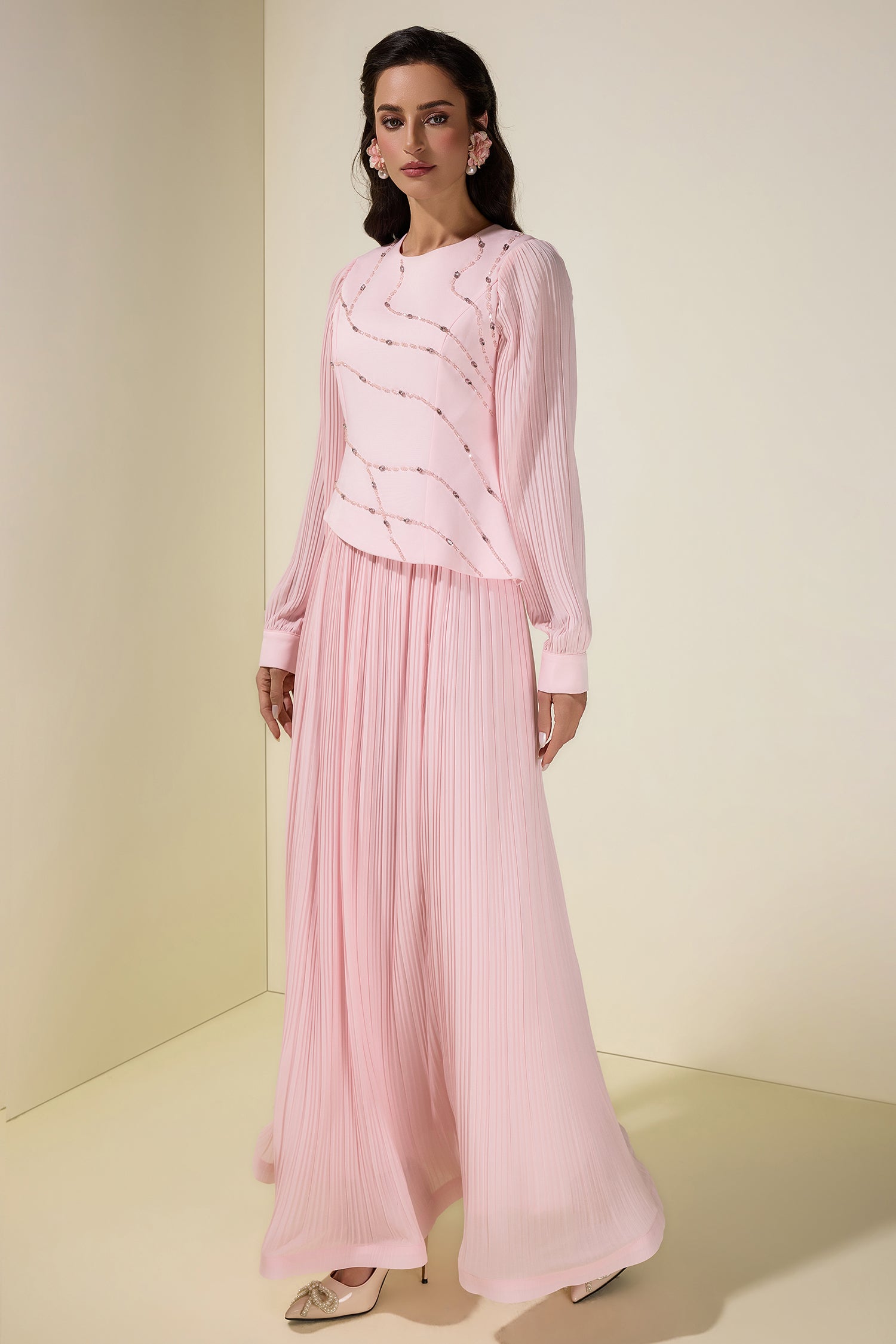 Rhinestone Rivets Pleated Top & Maxi Skirt Set