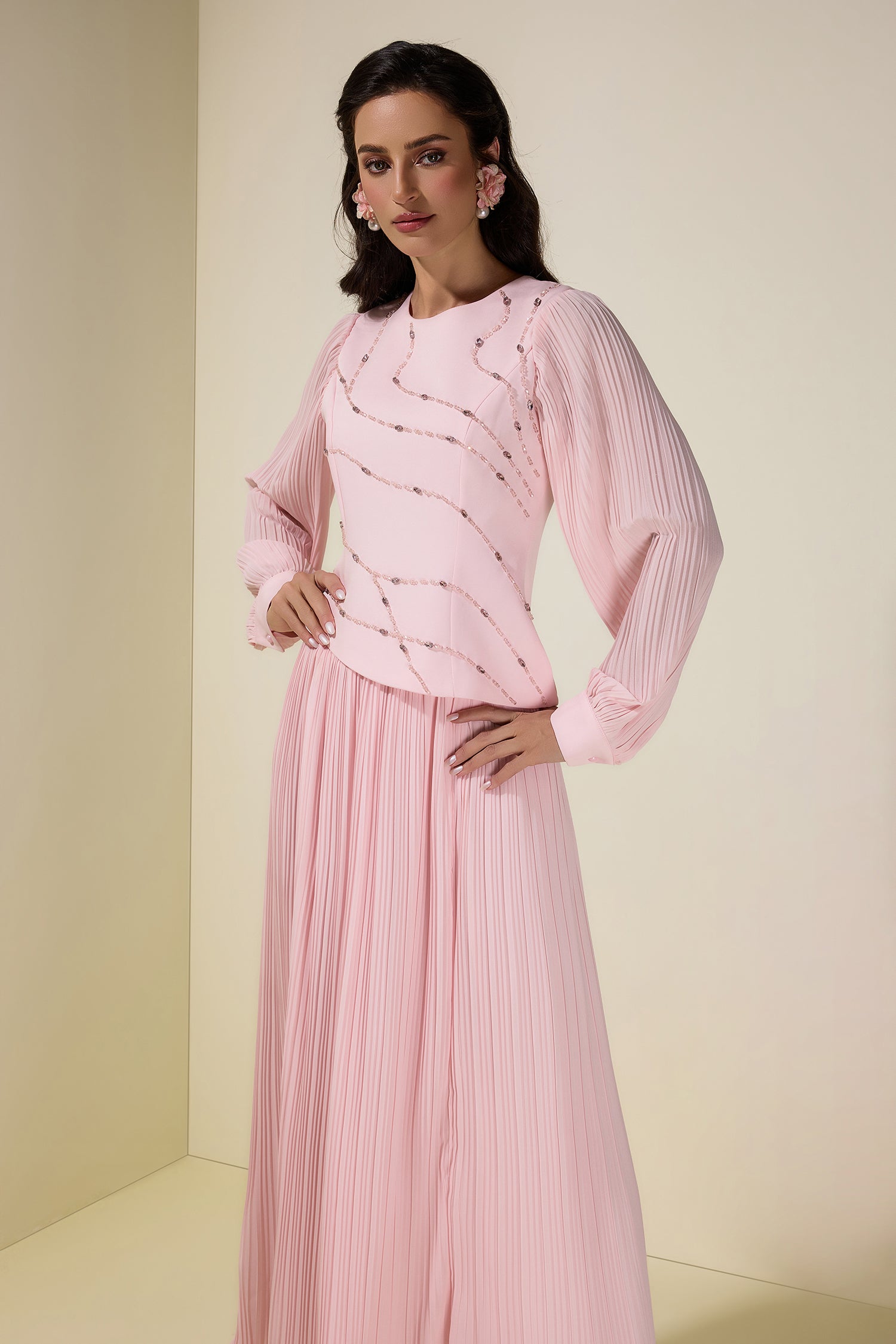 Rhinestone Rivets Pleated Top & Maxi Skirt Set