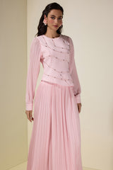 Rhinestone Rivets Pleated Top & Maxi Skirt Set