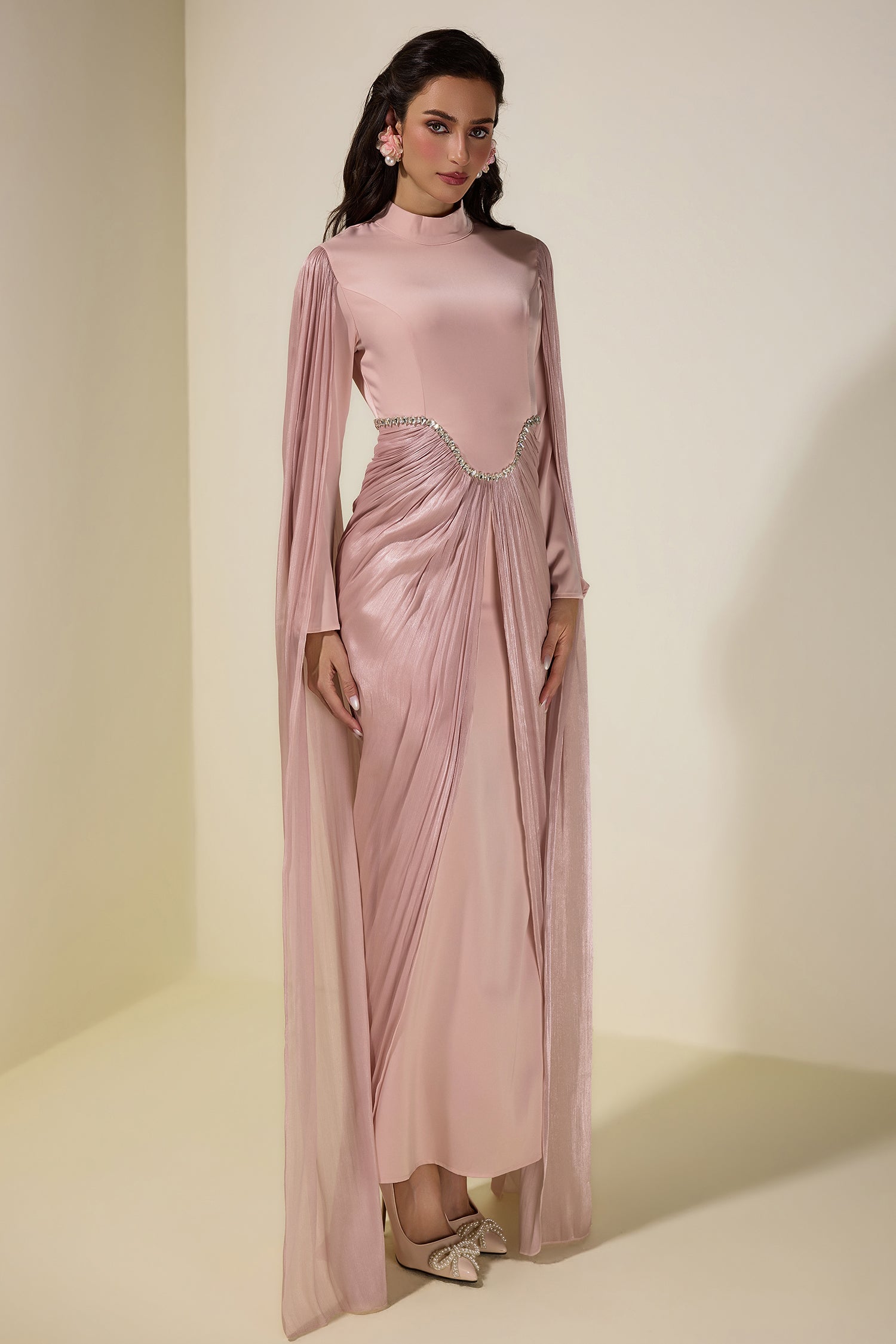Satin Cape Sleeve Rhinestone Maxi Dress