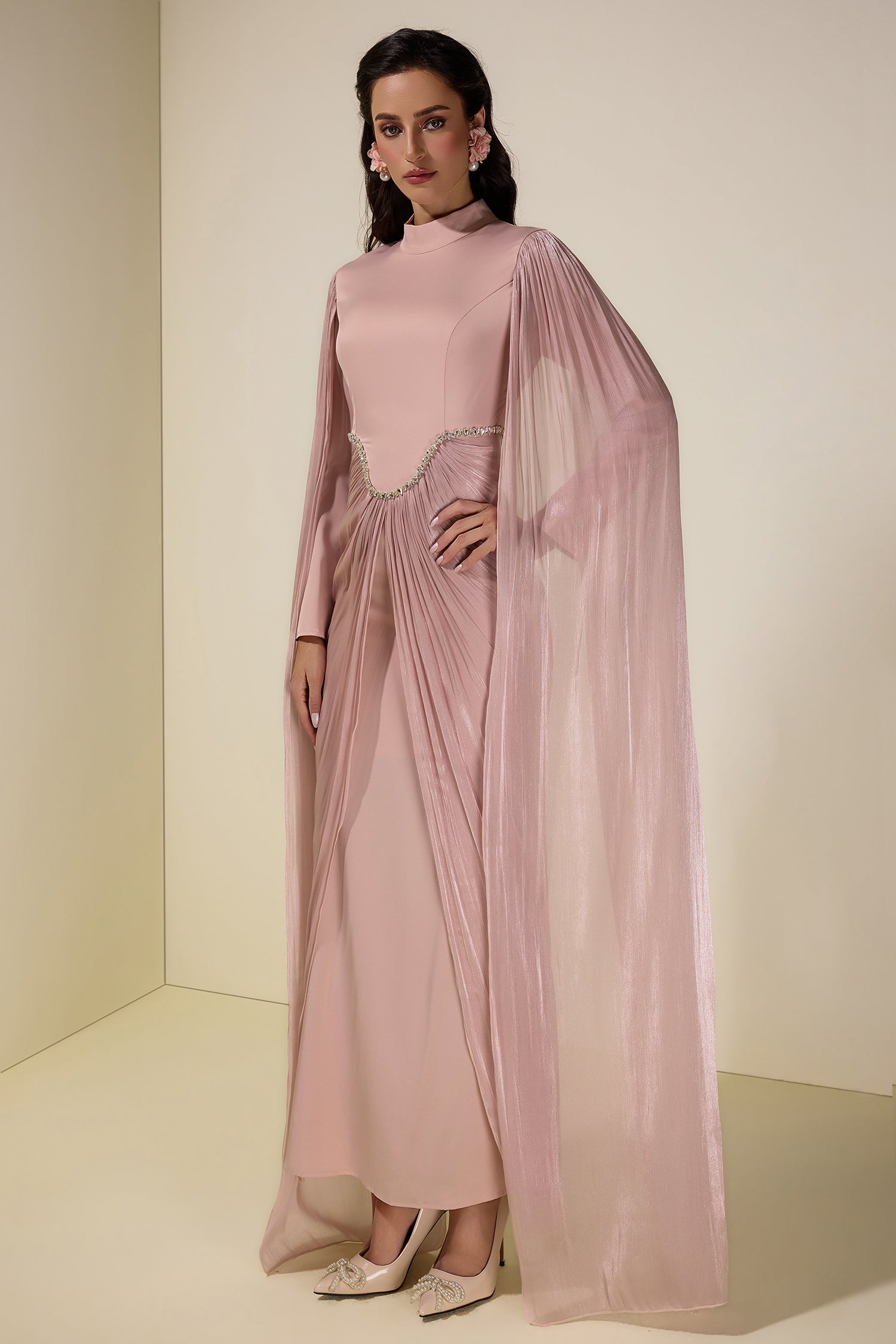 Satin Cape Sleeve Rhinestone Maxi Dress