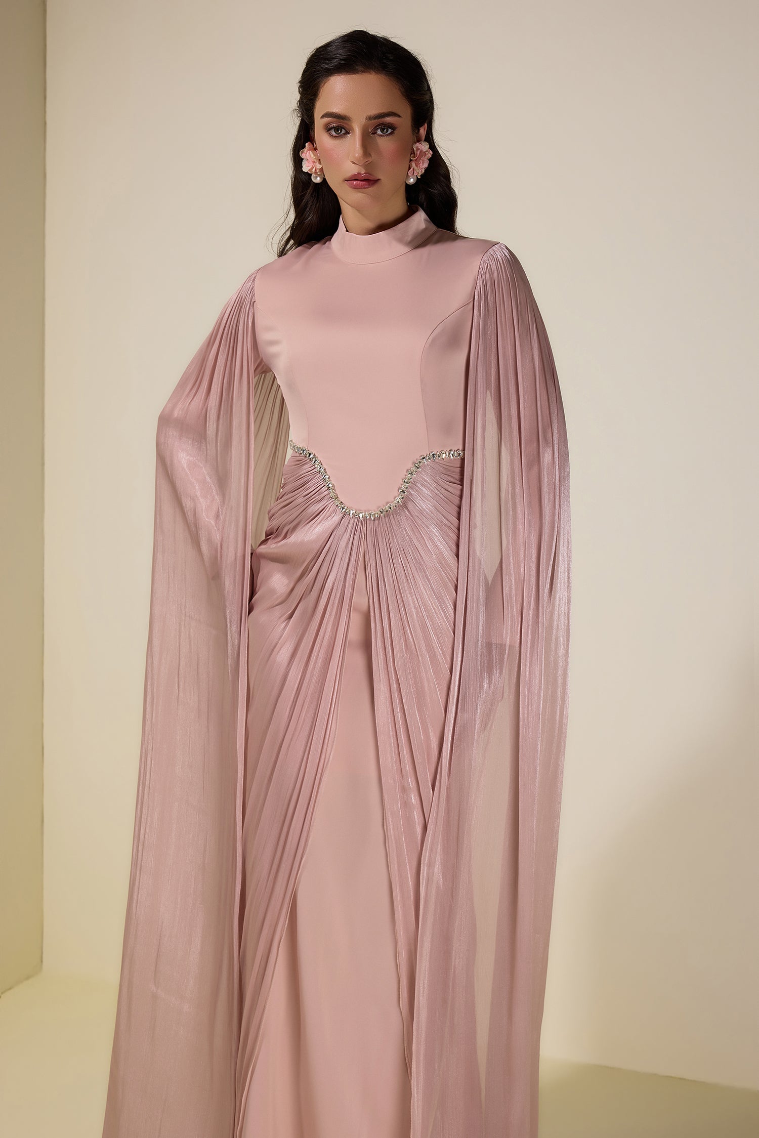 Satin Cape Sleeve Rhinestone Maxi Dress