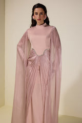Satin Cape Sleeve Rhinestone Maxi Dress