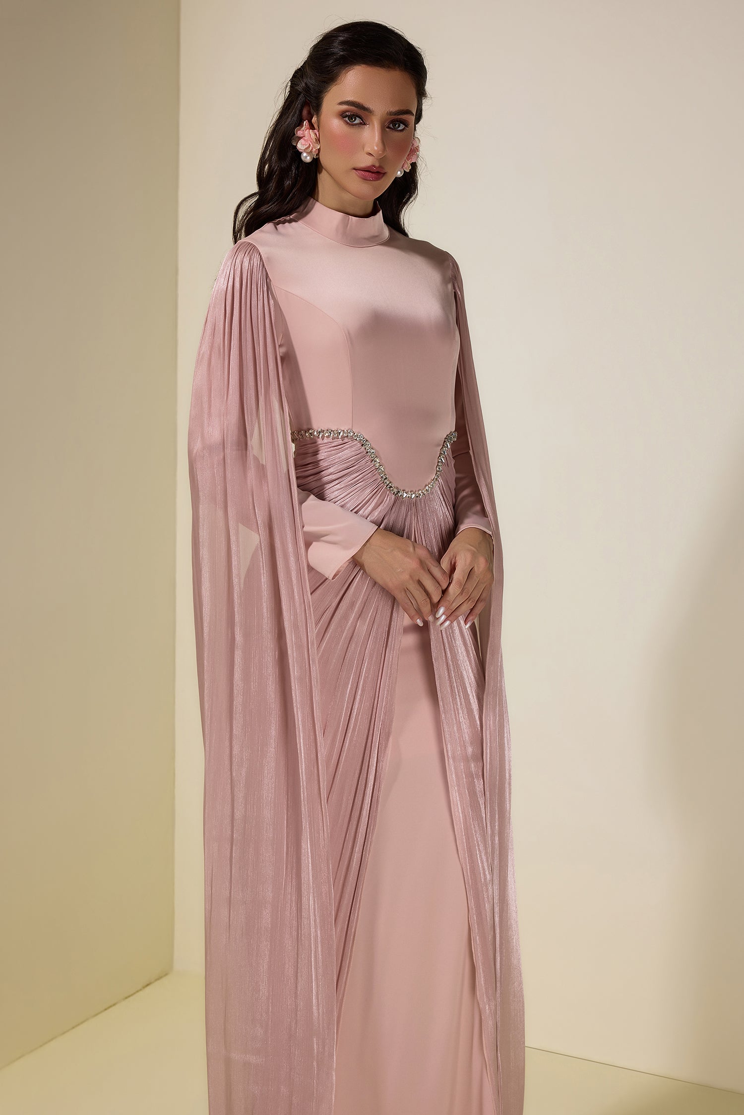 Satin Cape Sleeve Rhinestone Maxi Dress
