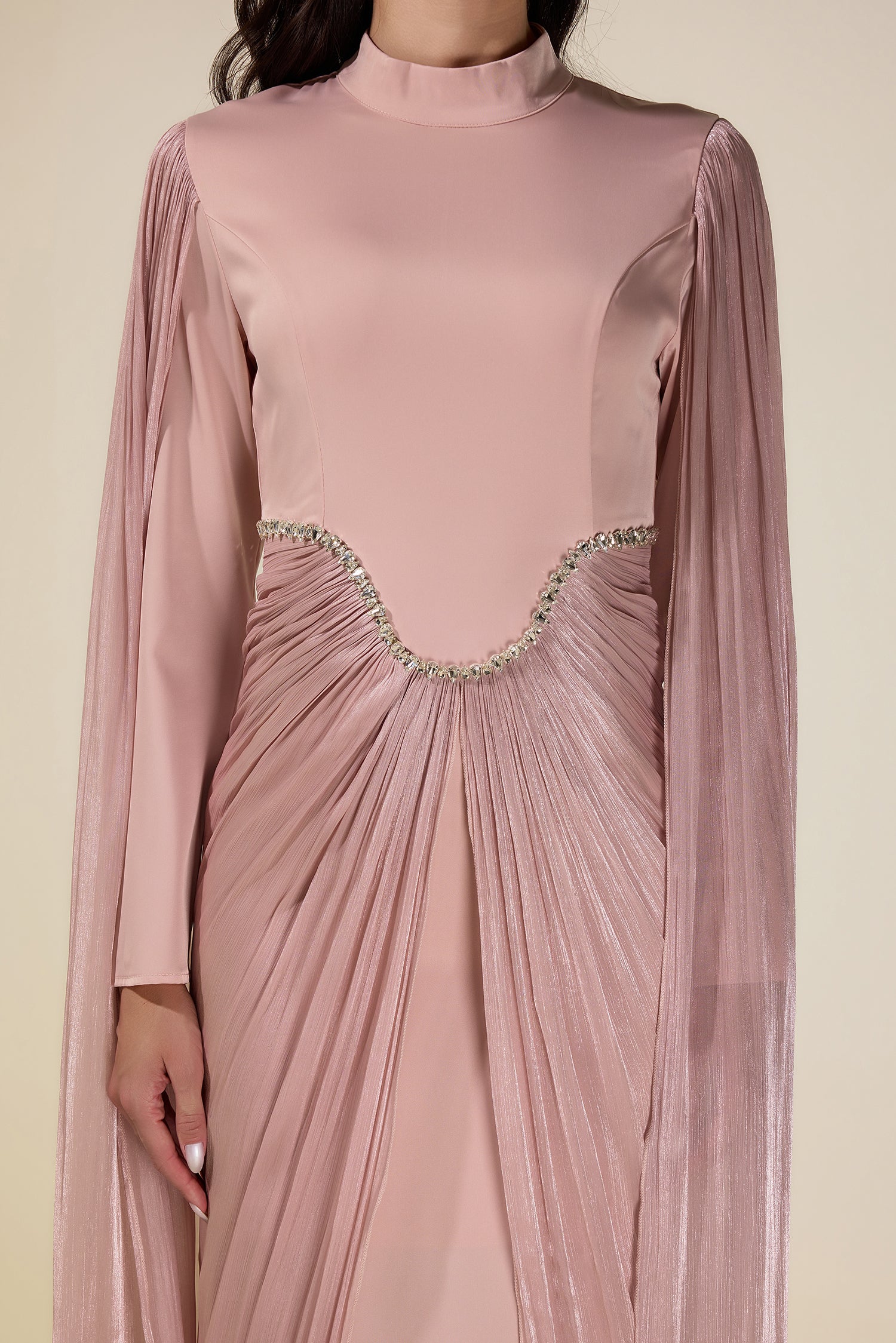Satin Cape Sleeve Rhinestone Maxi Dress