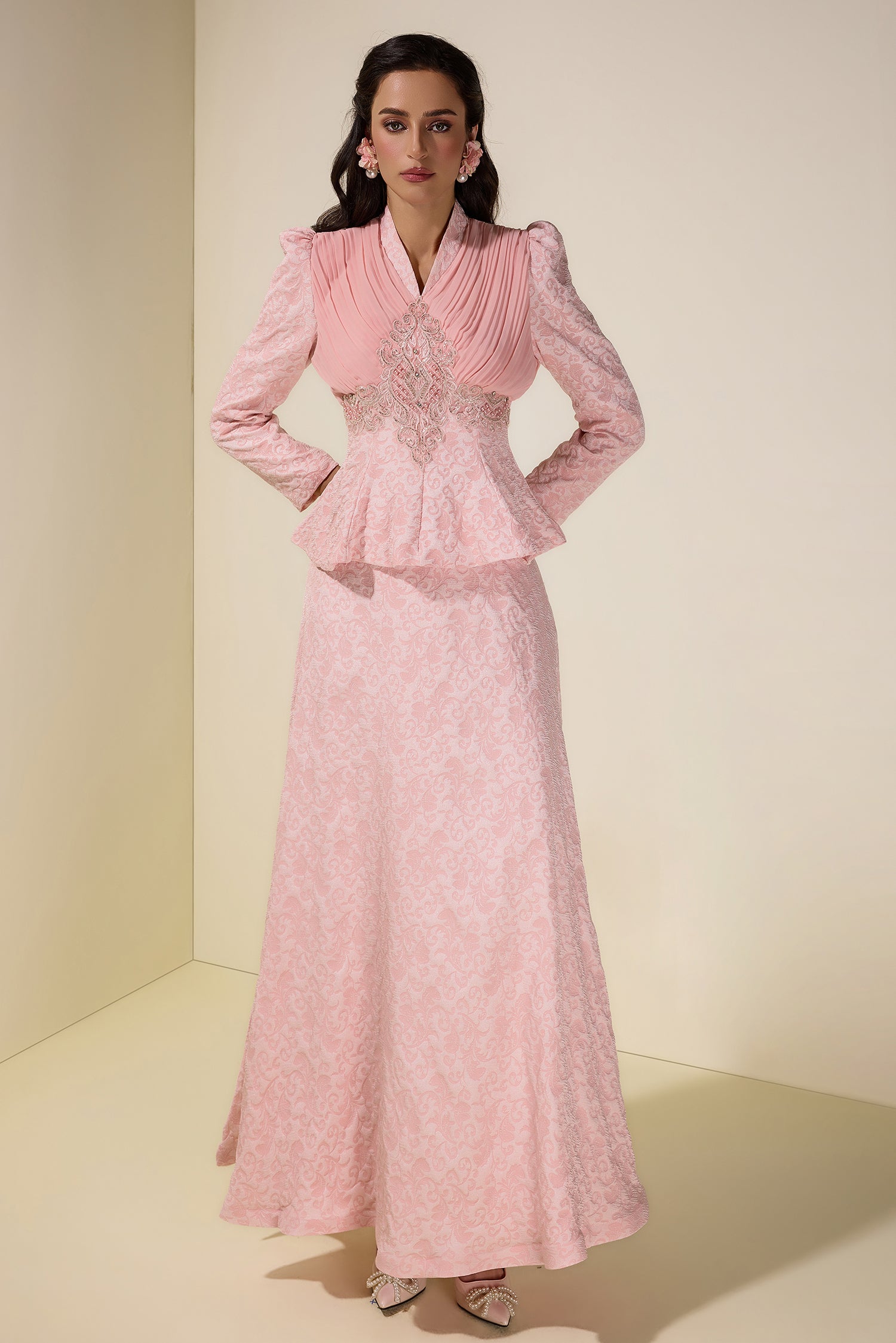 Jacquard Rivet V-Neck Top & High Waist Maxi Skirt Set