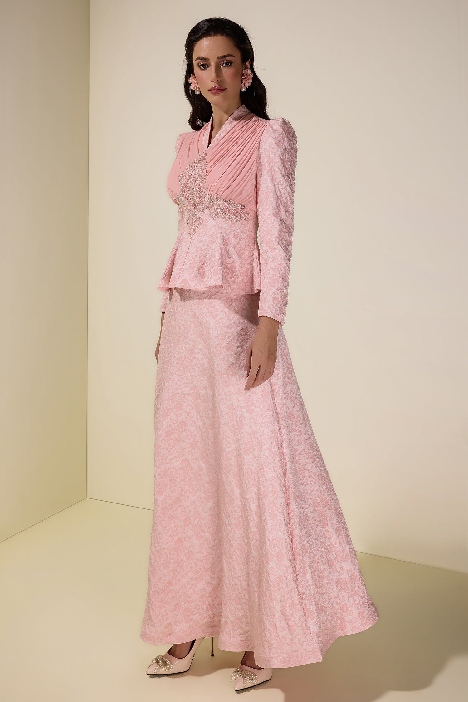 Jacquard Rivet V-Neck Top & High Waist Maxi Skirt Set