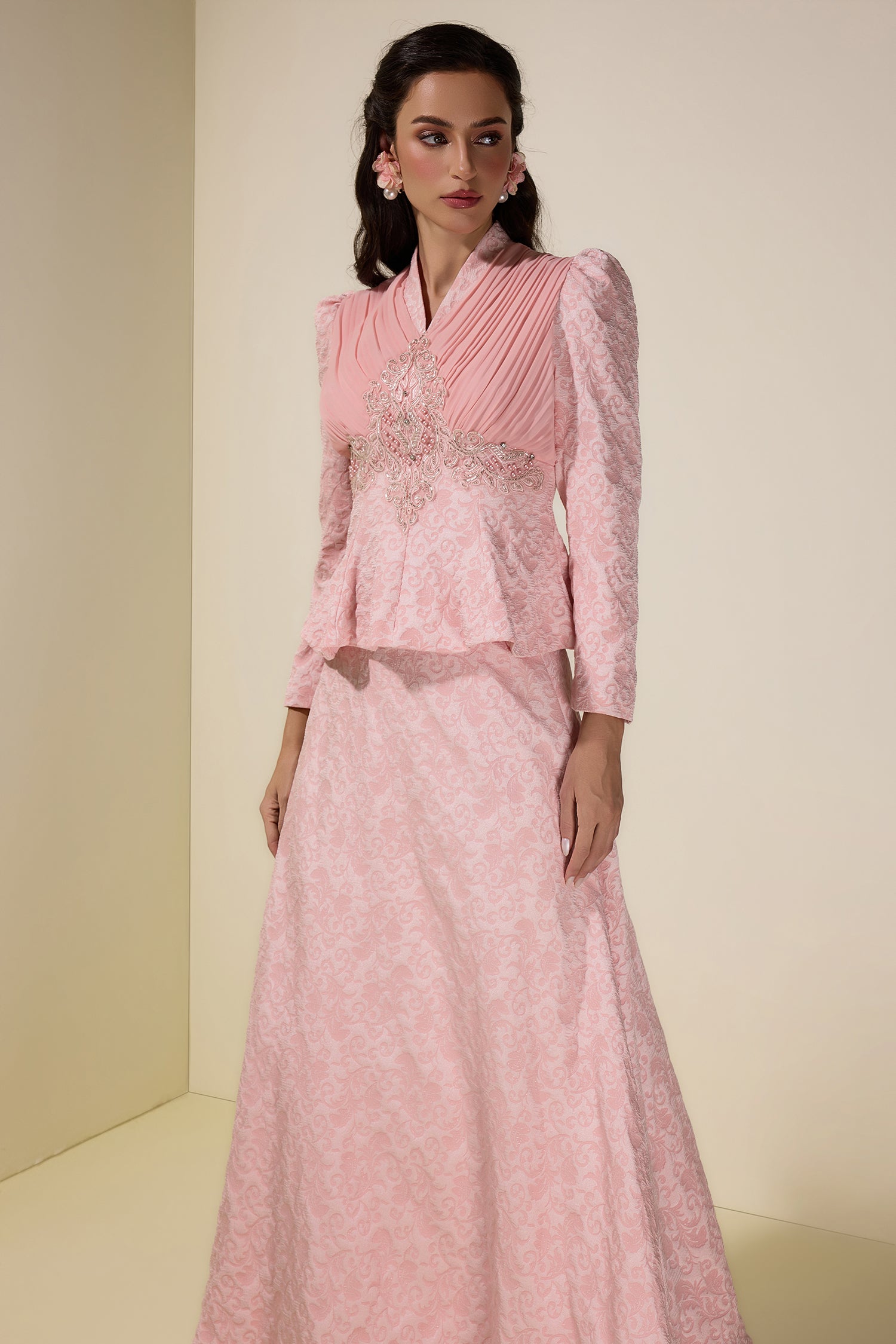 Jacquard Rivet V-Neck Top & High Waist Maxi Skirt Set