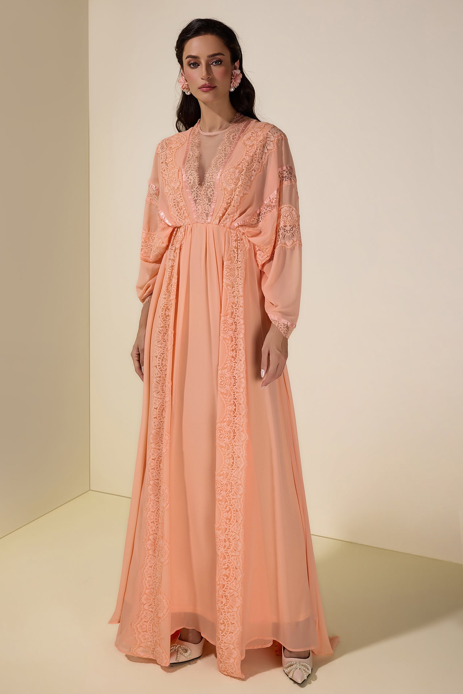 Lace Chiffon Batwing Sleeve Maxi Dress