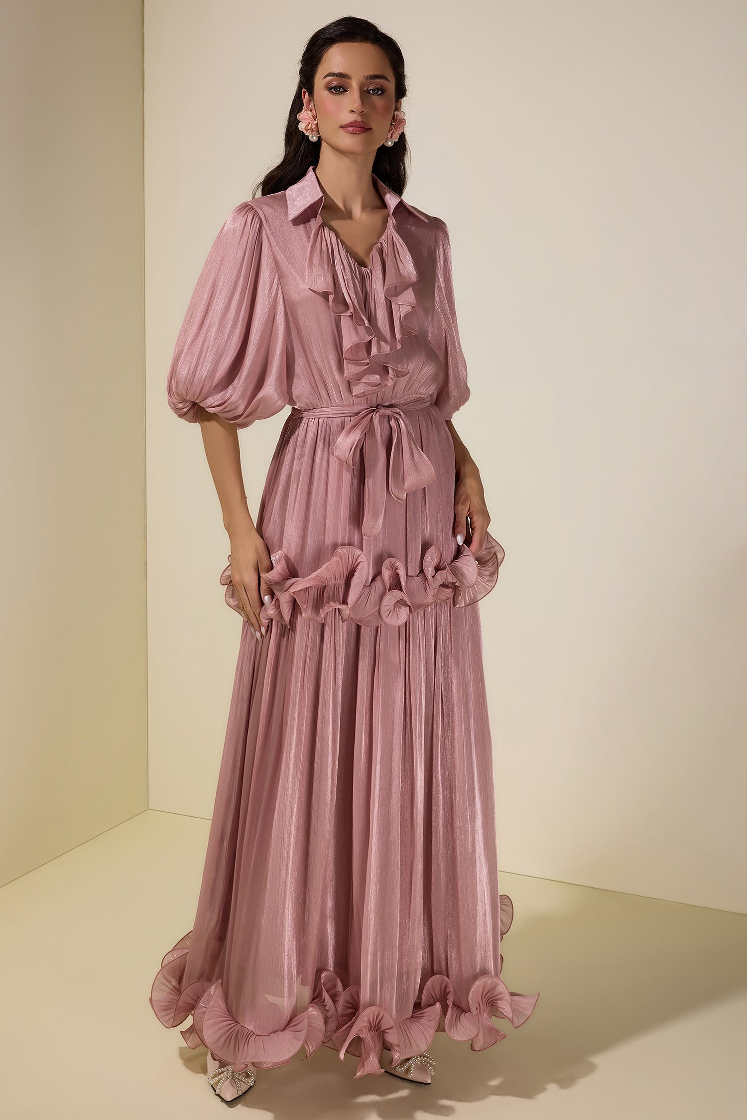 Frill Gathering Puff Sleeve Maxi Dress