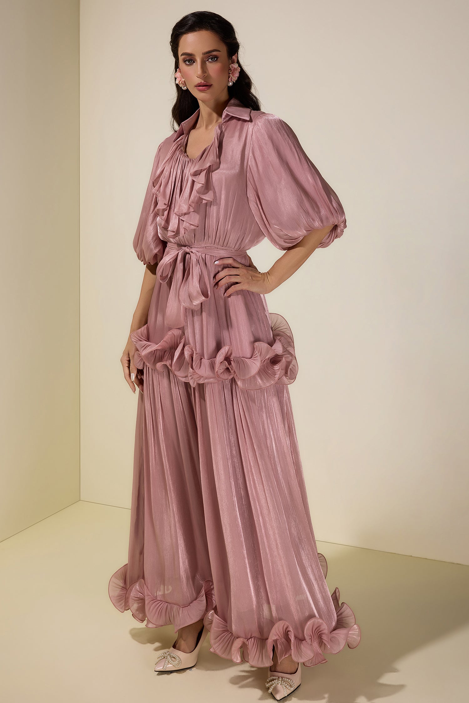Frill Gathering Puff Sleeve Maxi Dress