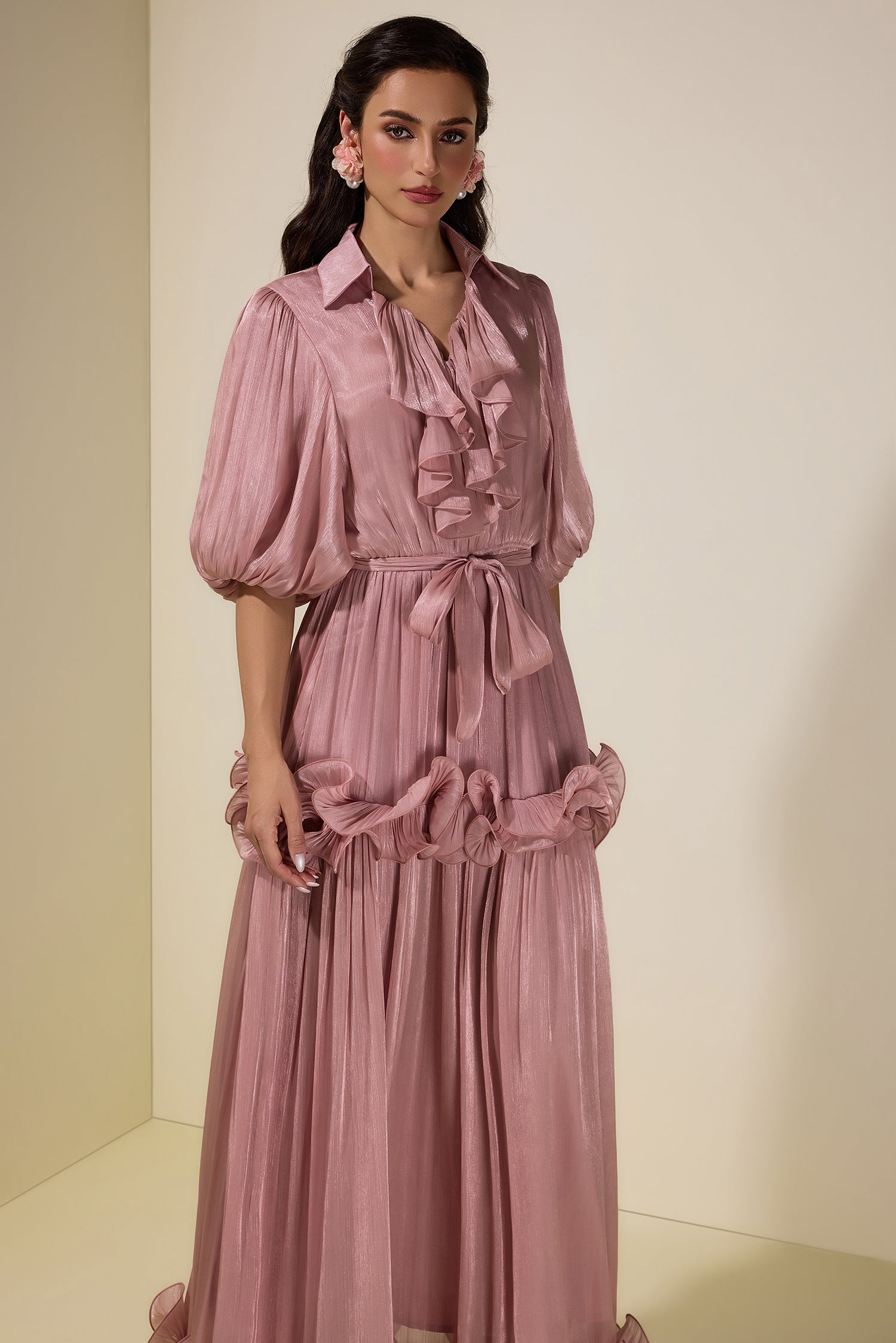Frill Gathering Puff Sleeve Maxi Dress