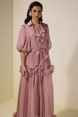Frill Gathering Puff Sleeve Maxi Dress