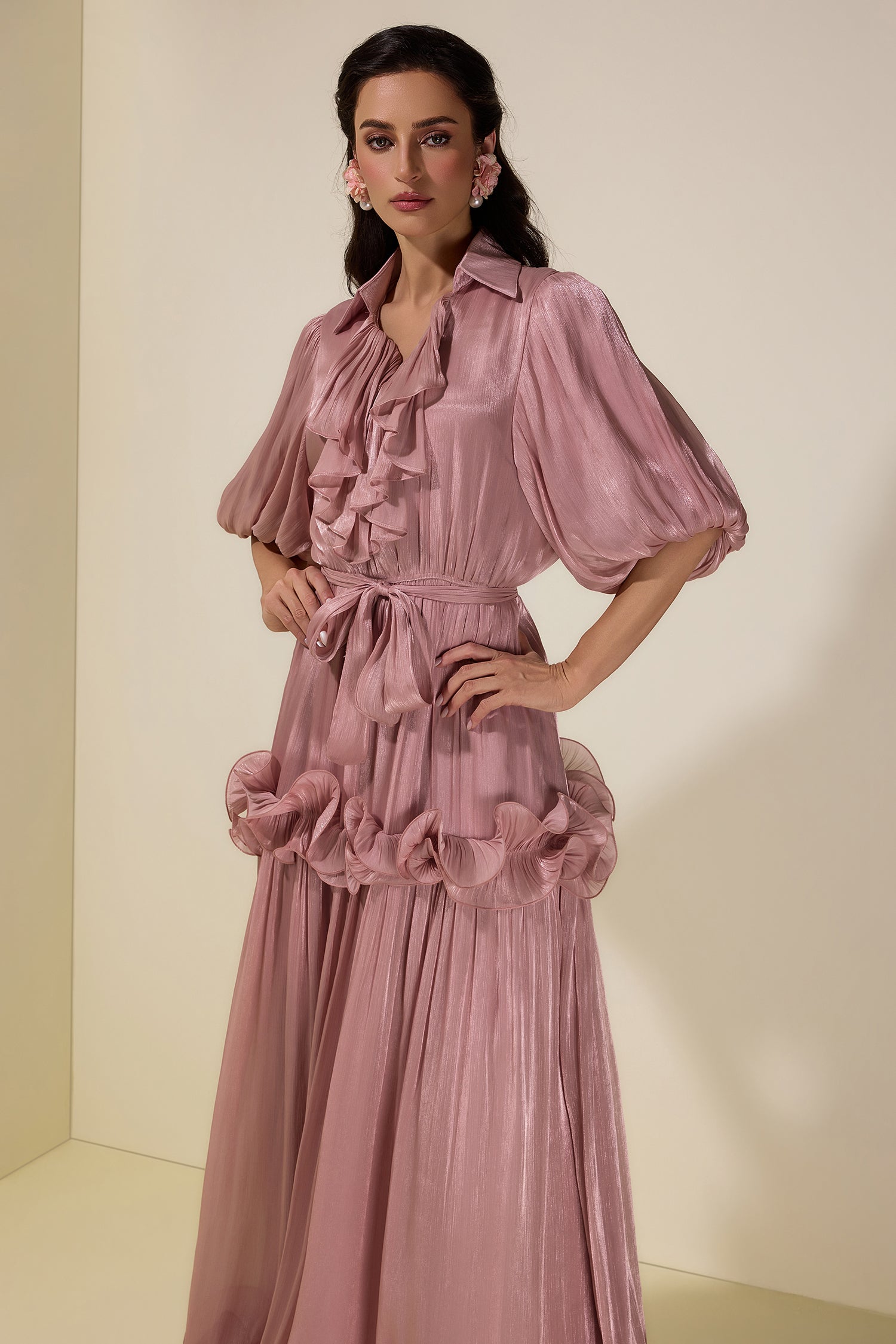 Frill Gathering Puff Sleeve Maxi Dress