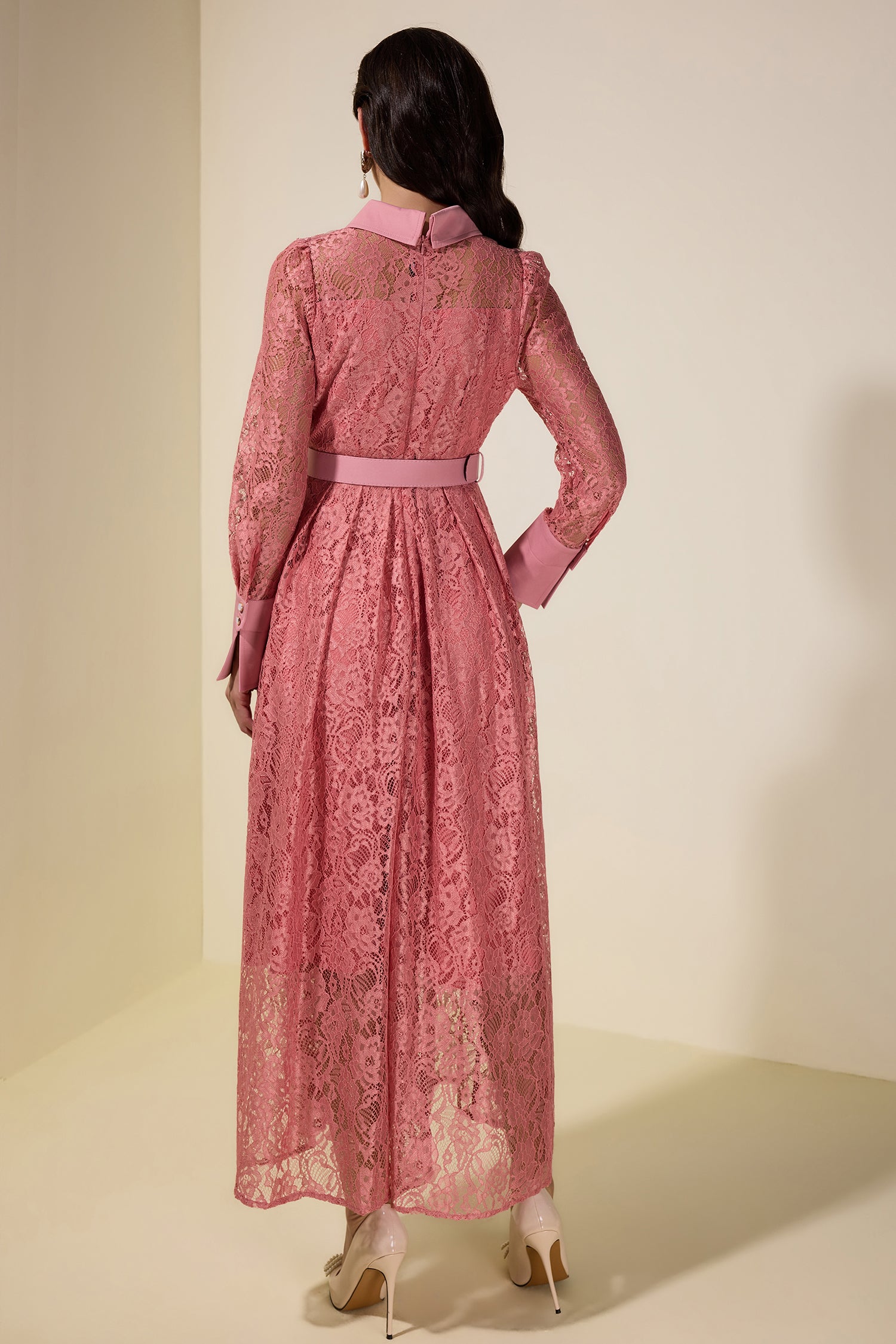 Lace Rivet Shirt Collar Midi Dress With Belt