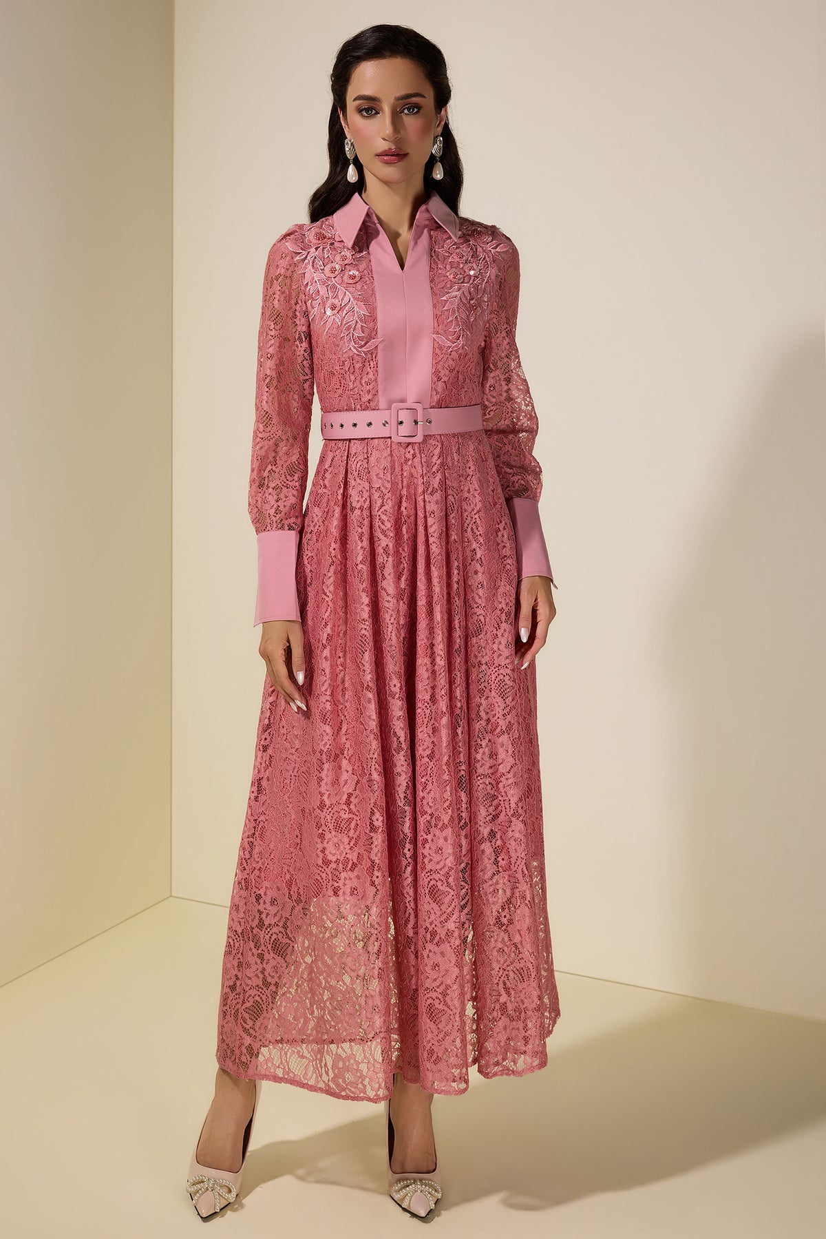 Lace Rivet Shirt Collar Midi Dress With Belt