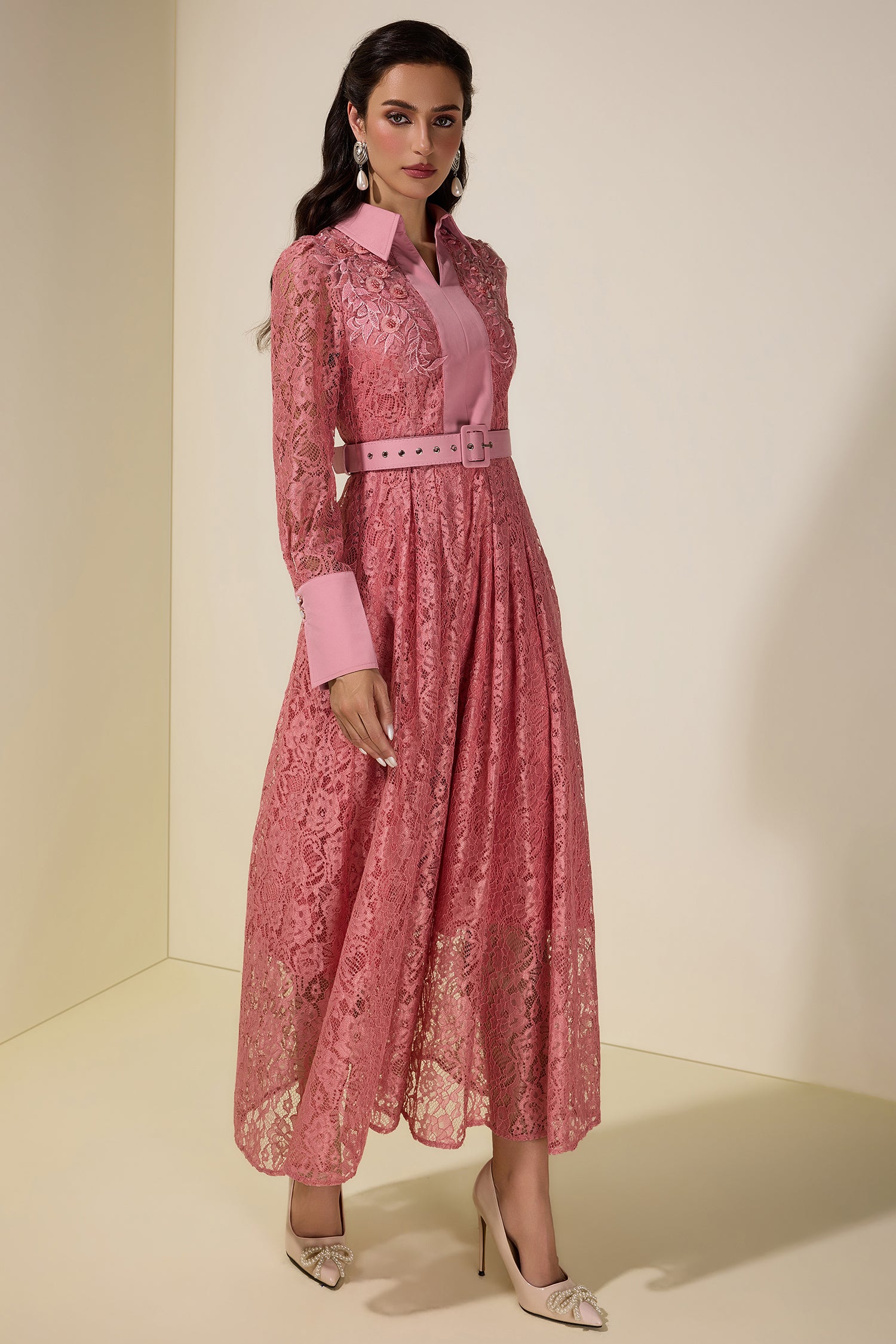 Lace Rivet Shirt Collar Midi Dress With Belt