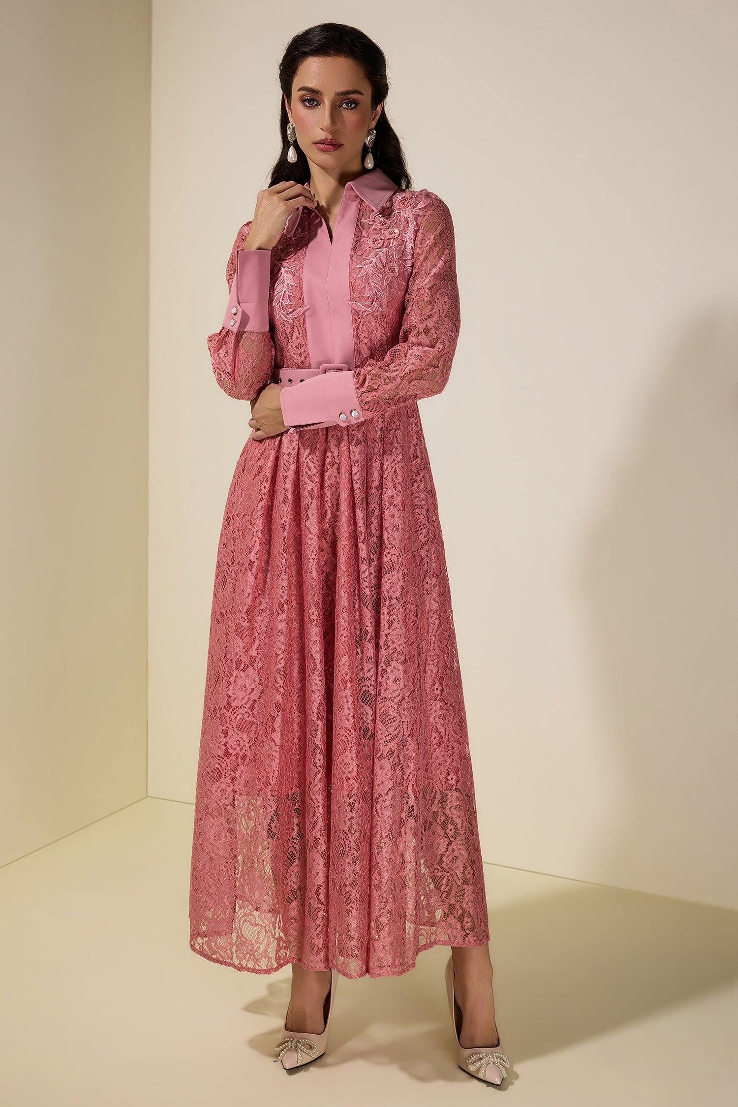 Lace Rivet Shirt Collar Midi Dress With Belt