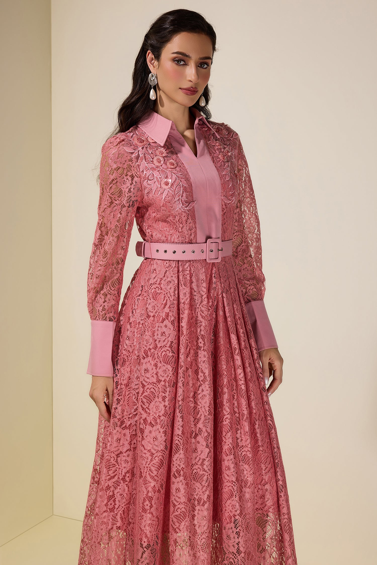 Lace Rivet Shirt Collar Midi Dress With Belt