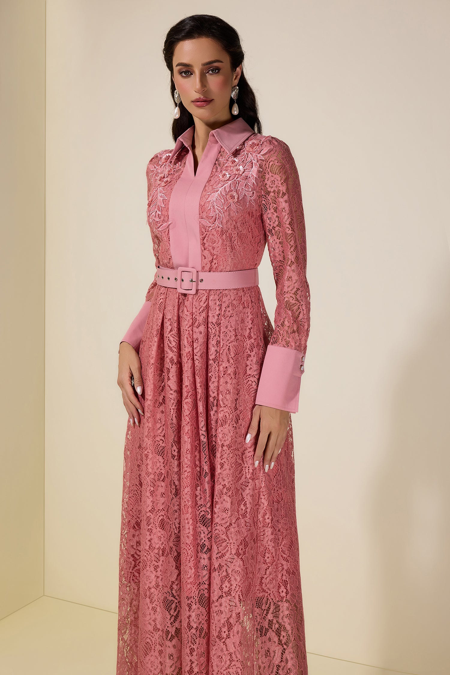 Lace Rivet Shirt Collar Midi Dress With Belt