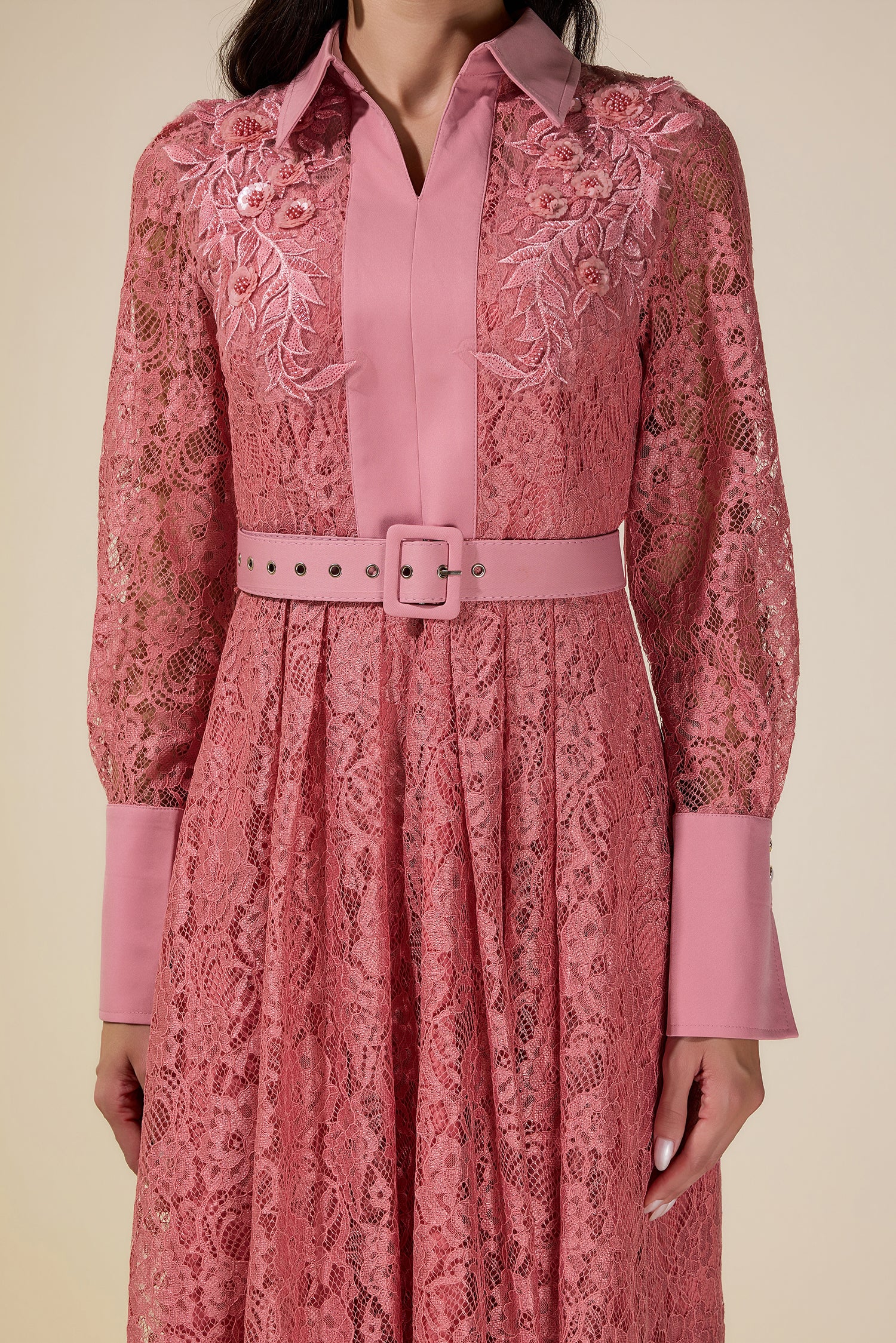 Lace Rivet Shirt Collar Midi Dress With Belt
