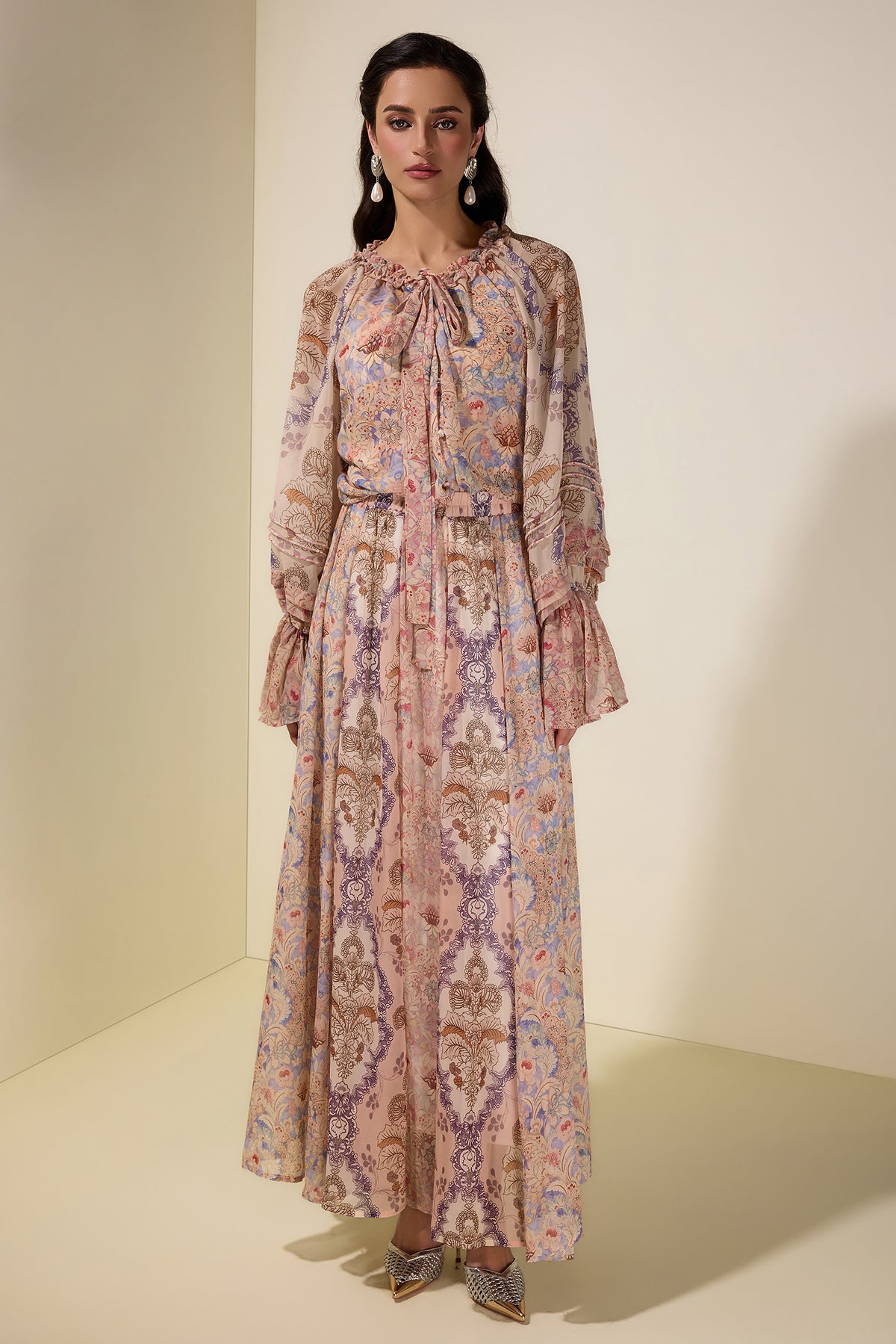Floral Tie-Up Single Breasted Top & Maxi Skirt Set