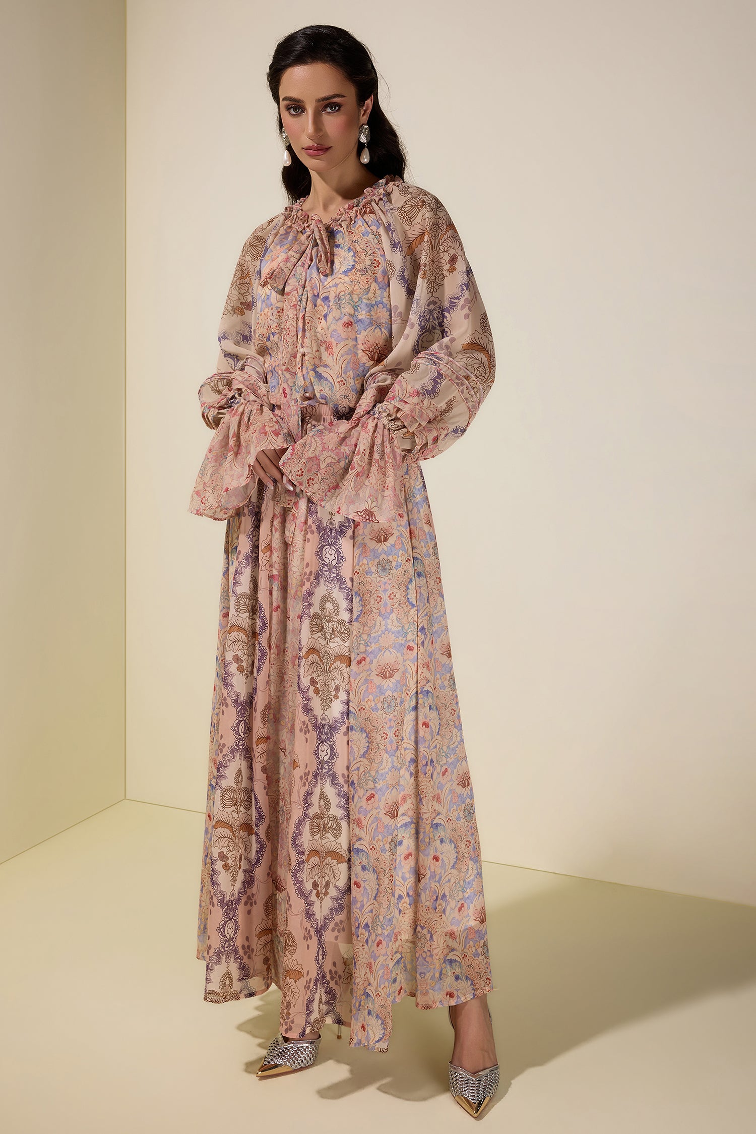 Floral Tie-Up Single Breasted Top & Maxi Skirt Set