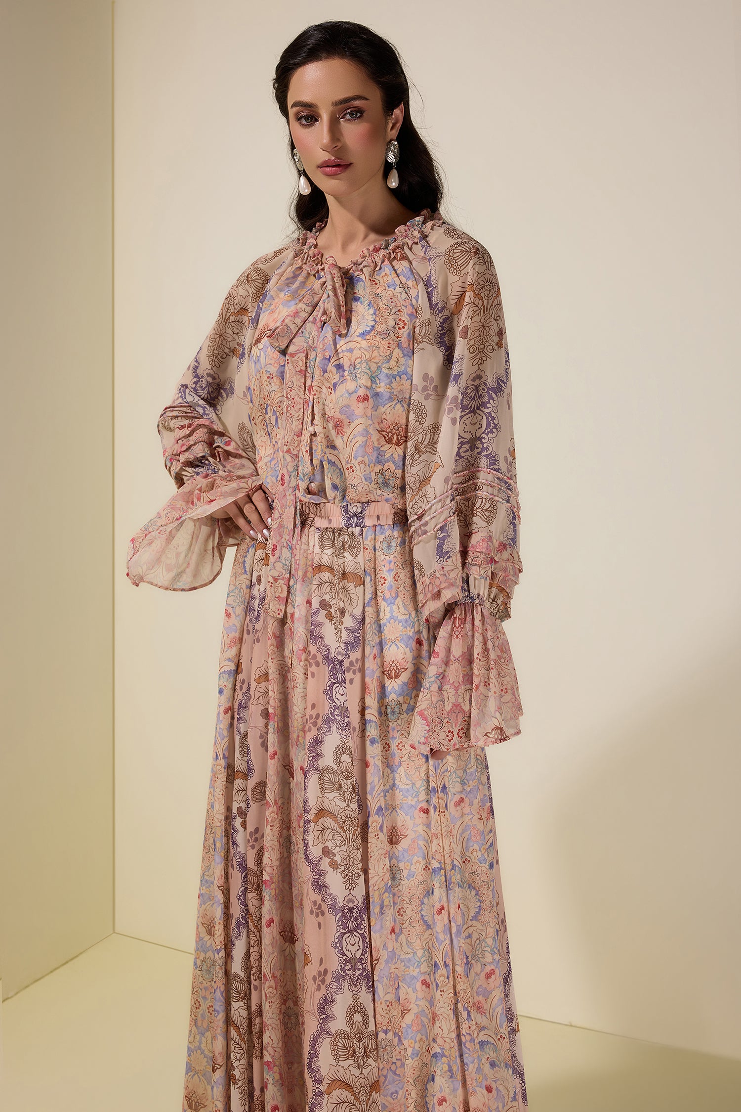 Floral Tie-Up Single Breasted Top & Maxi Skirt Set