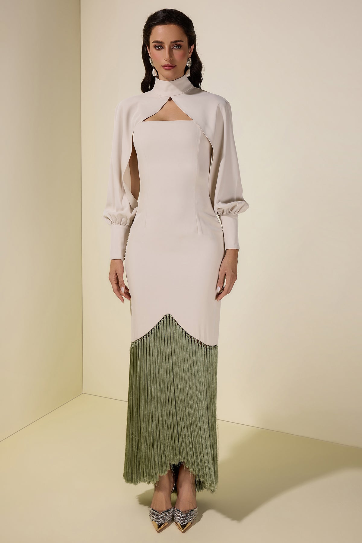 Tassel Slip Midi Dress With Cape
