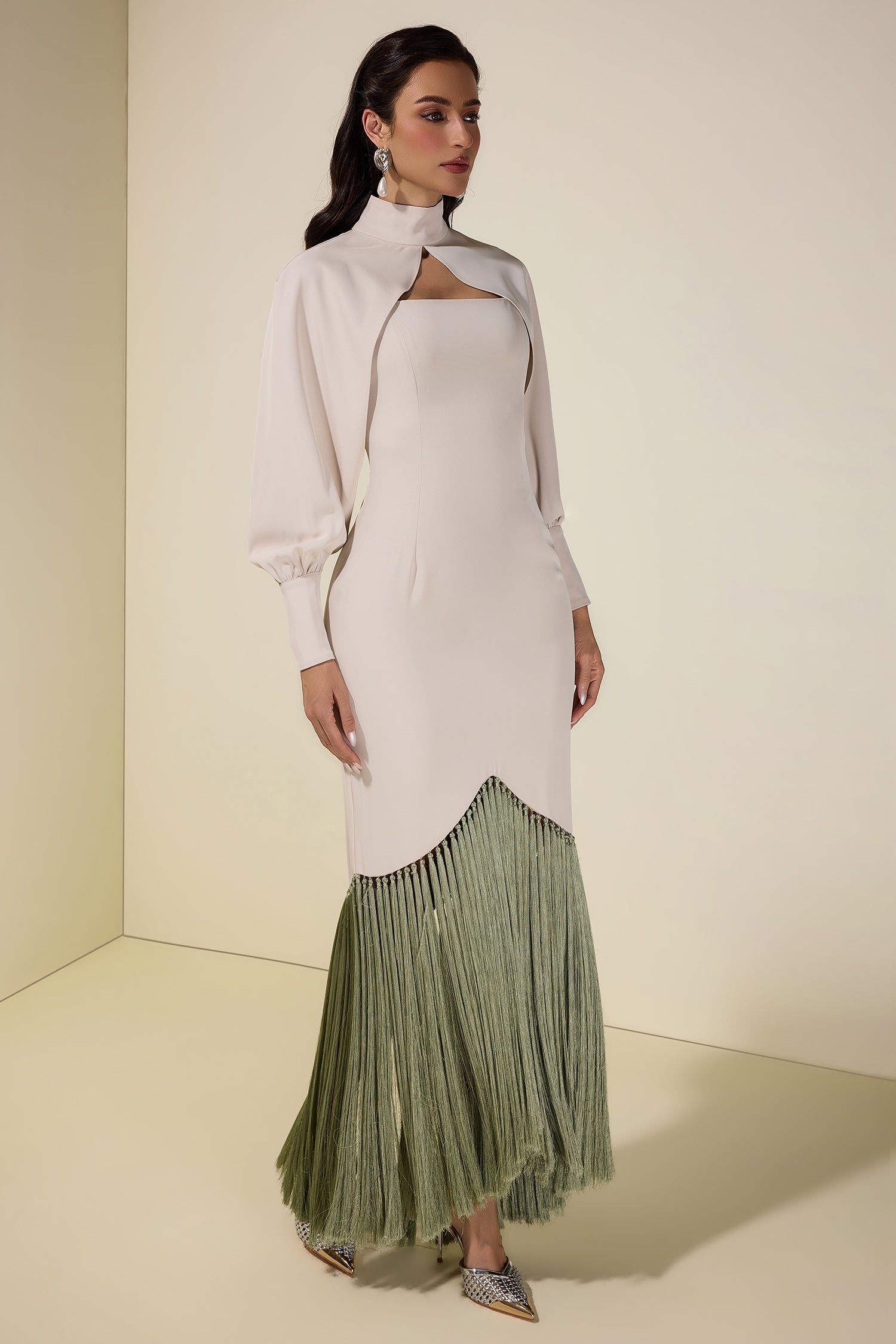 Tassel Slip Midi Dress With Cape