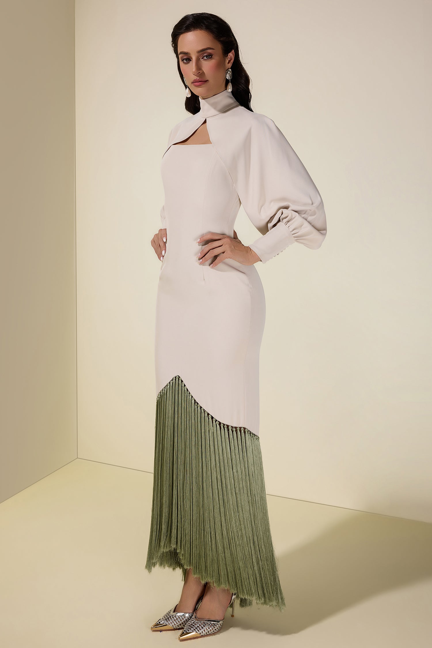 Tassel Slip Midi Dress With Cape