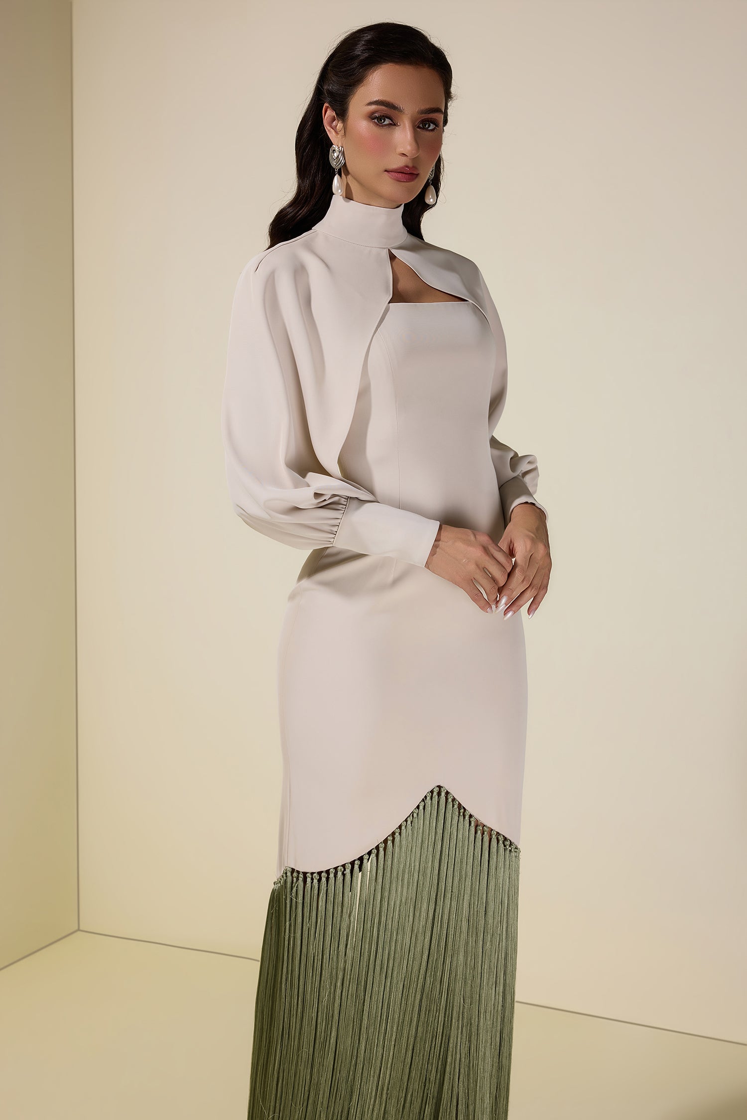 Tassel Slip Midi Dress With Cape
