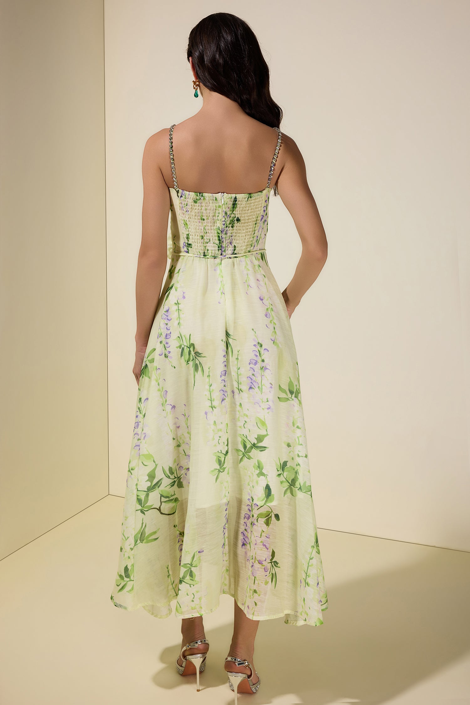 Floral Rhinestone Smocking Midi Dress With Belt