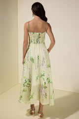 Floral Rhinestone Smocking Midi Dress With Belt
