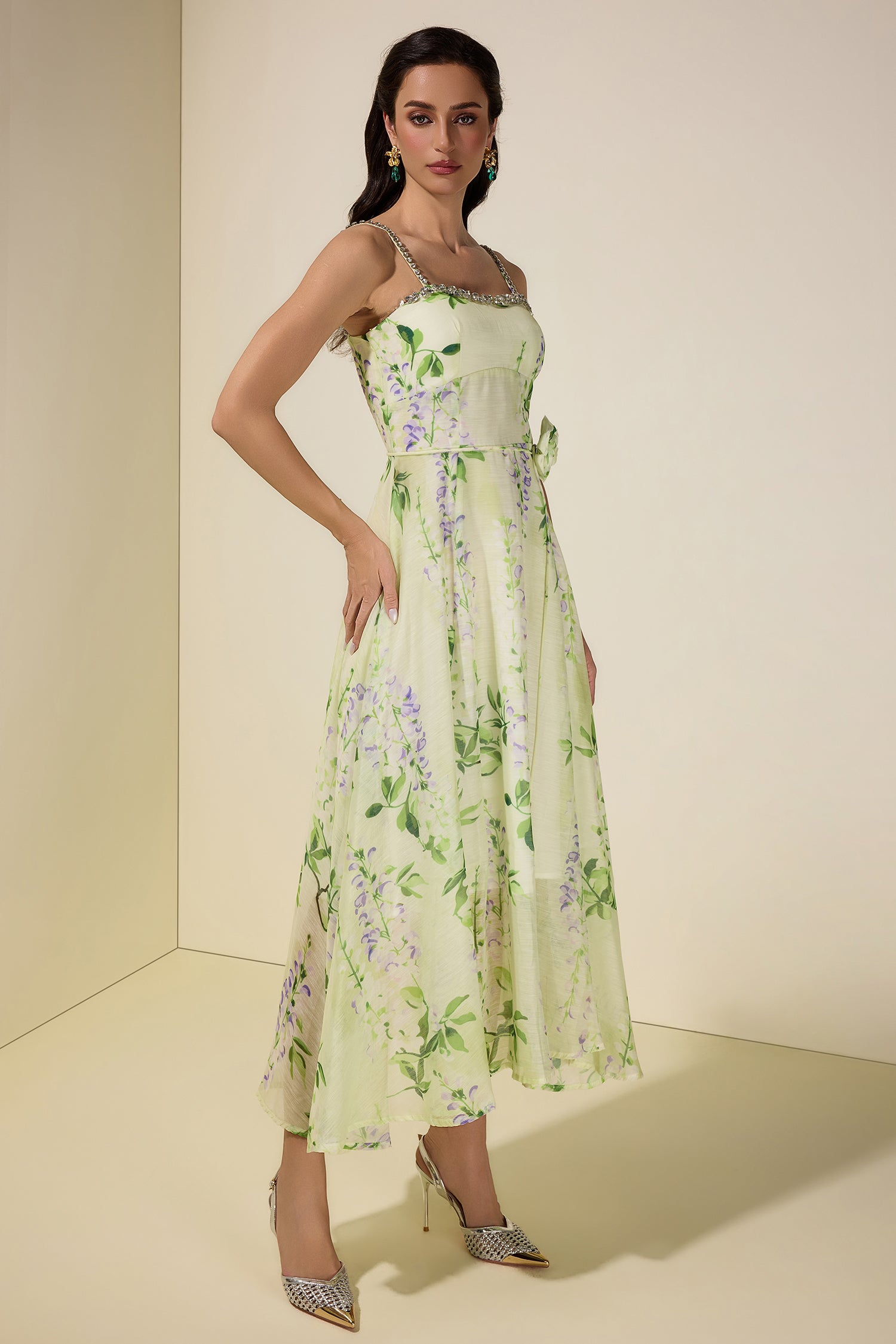 Floral Rhinestone Smocking Midi Dress With Belt