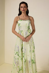 Floral Rhinestone Smocking Midi Dress With Belt