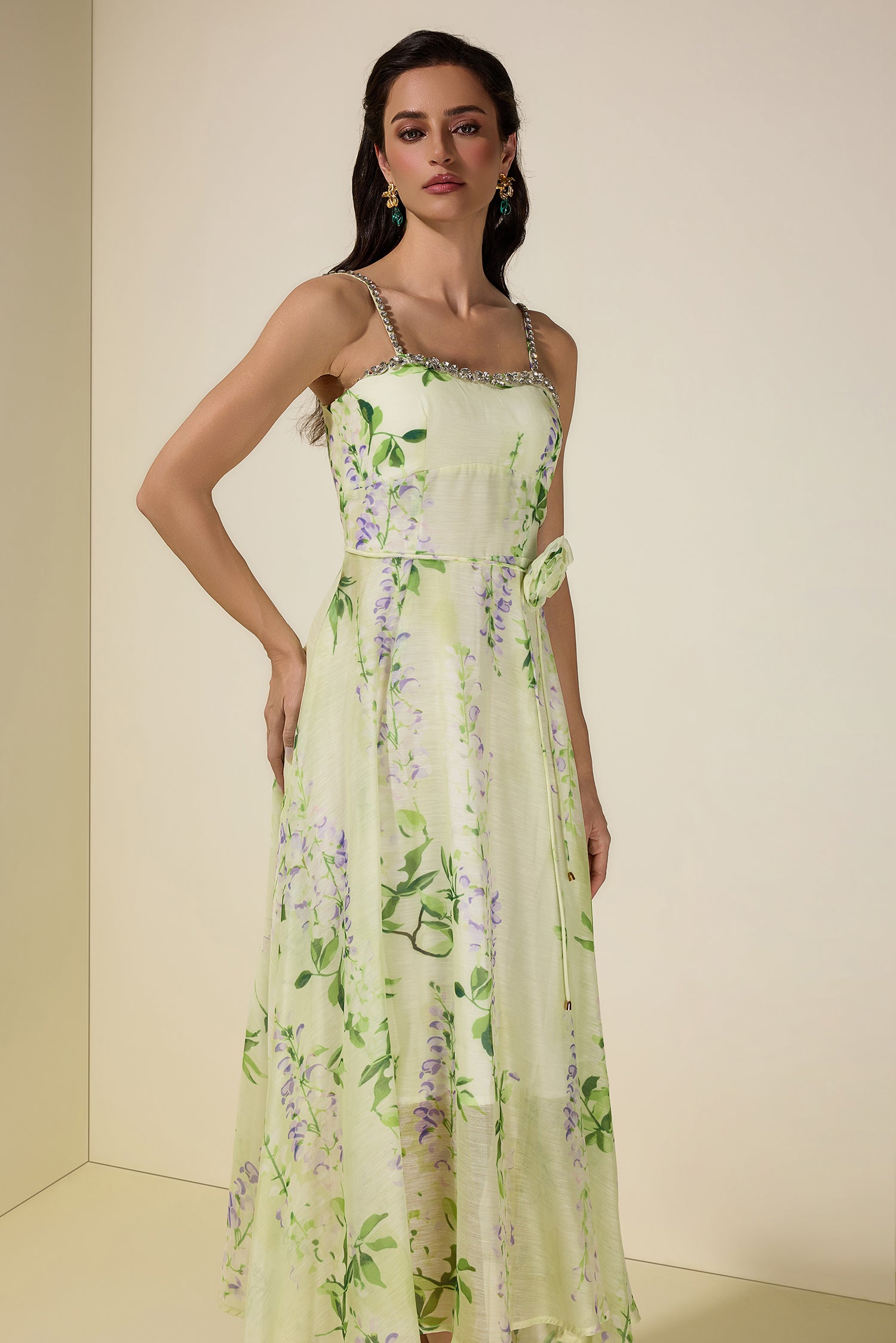 Floral Rhinestone Smocking Midi Dress With Belt