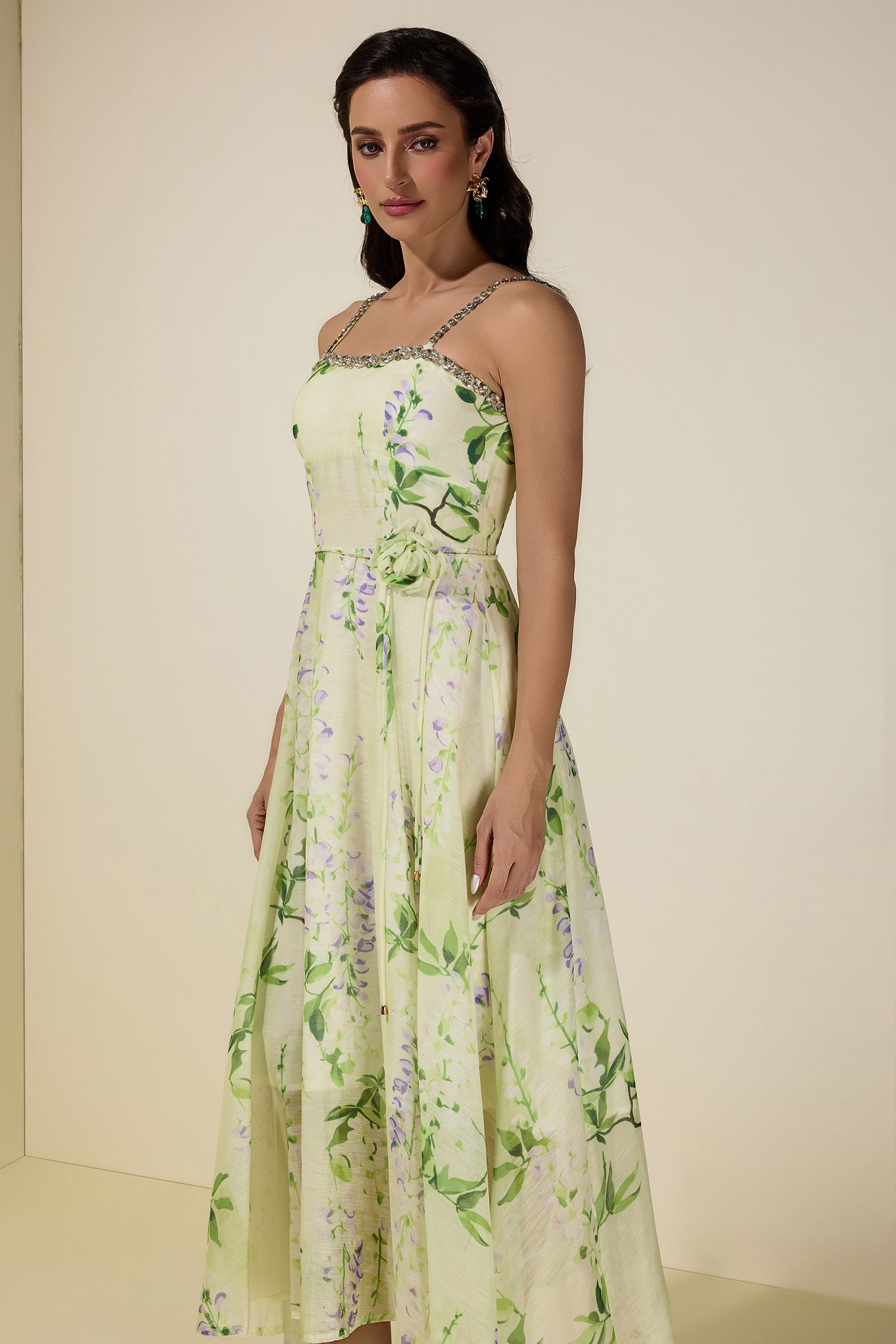 Floral Rhinestone Smocking Midi Dress With Belt