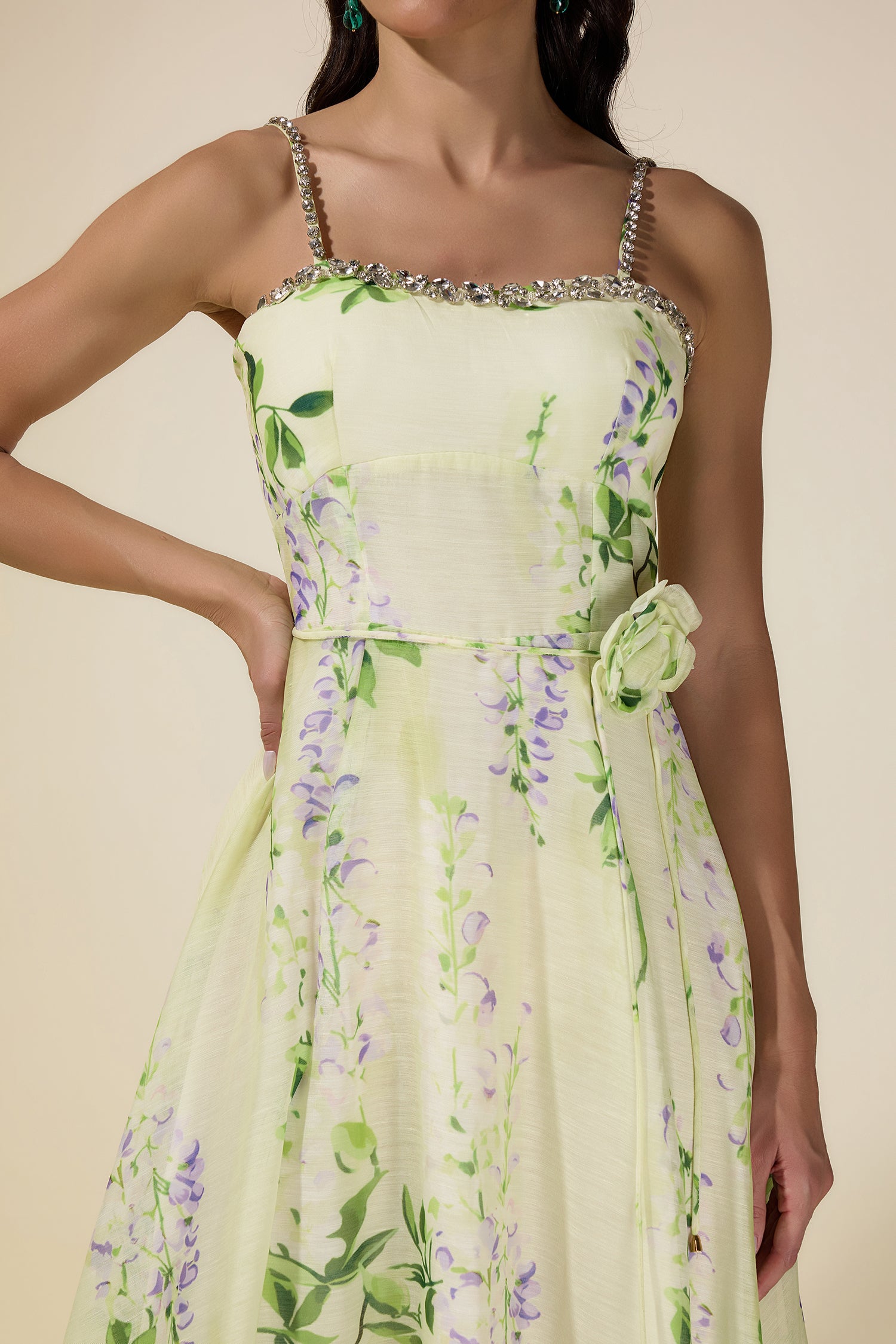 Floral Rhinestone Smocking Midi Dress With Belt