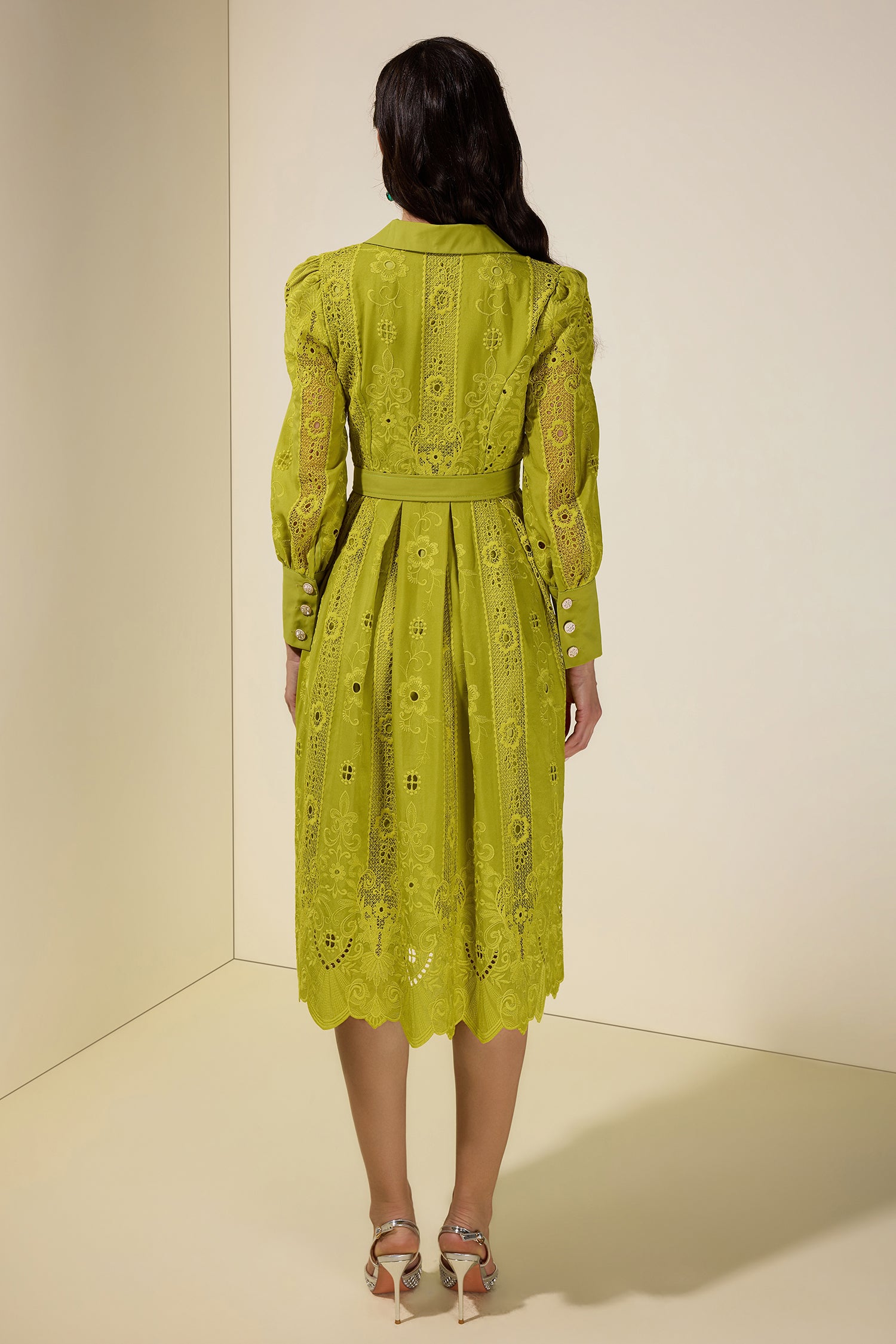 Lace Splicing Embroidered Single Breasted Midi Dress With Belt