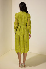 Lace Splicing Embroidered Single Breasted Midi Dress With Belt