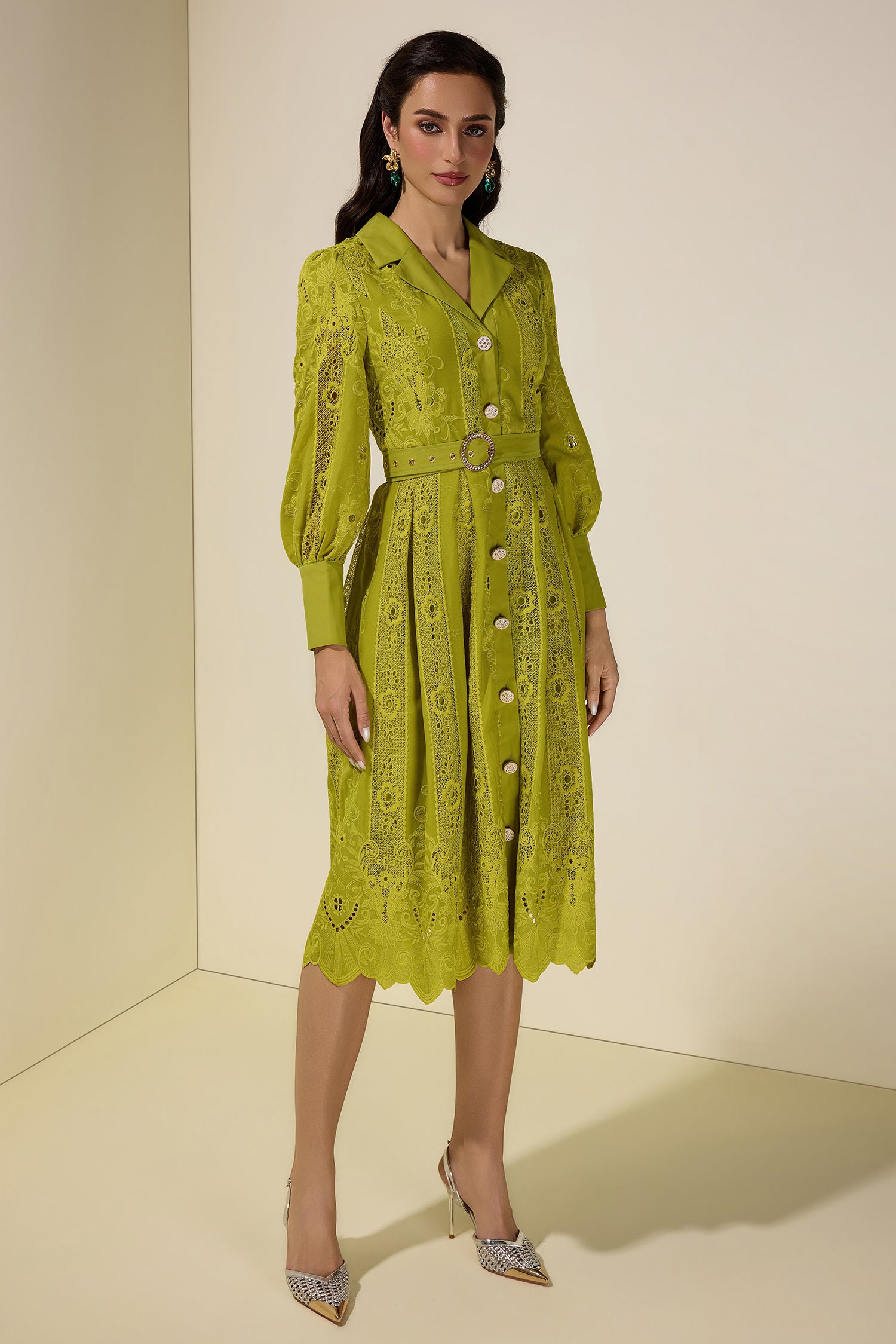Lace Splicing Embroidered Single Breasted Midi Dress With Belt